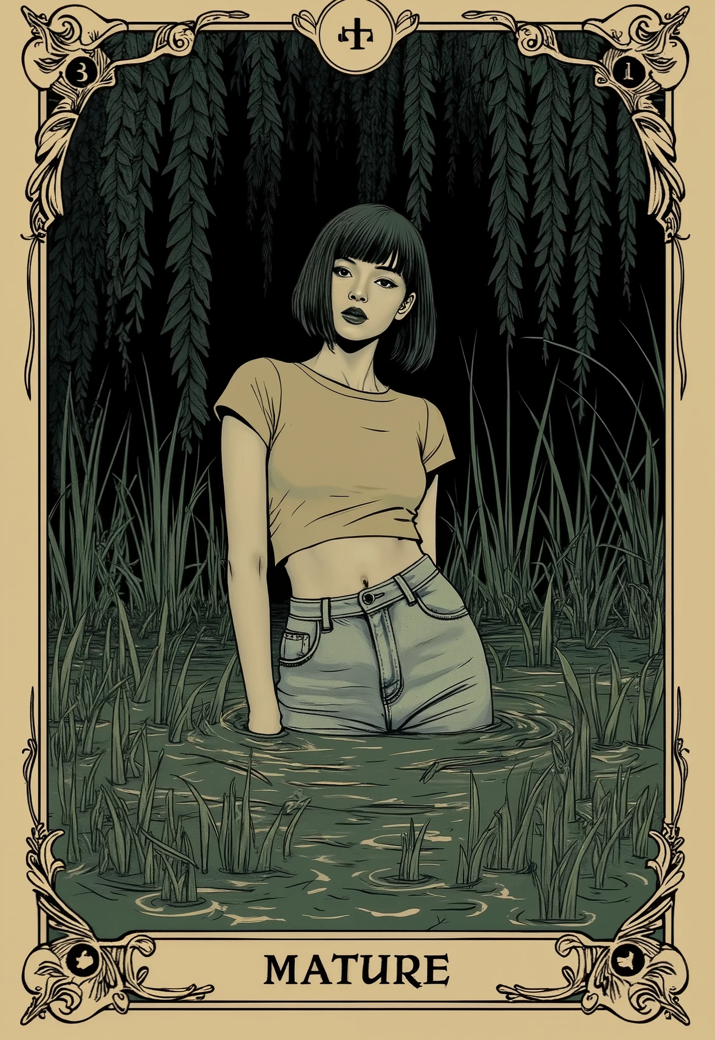masterpiece, tarot aesthetics, tarot vintage linear aesthetics, stuck in a mud swamp, mature miracle, cropped top,high-waisted jeans, bob square, turns