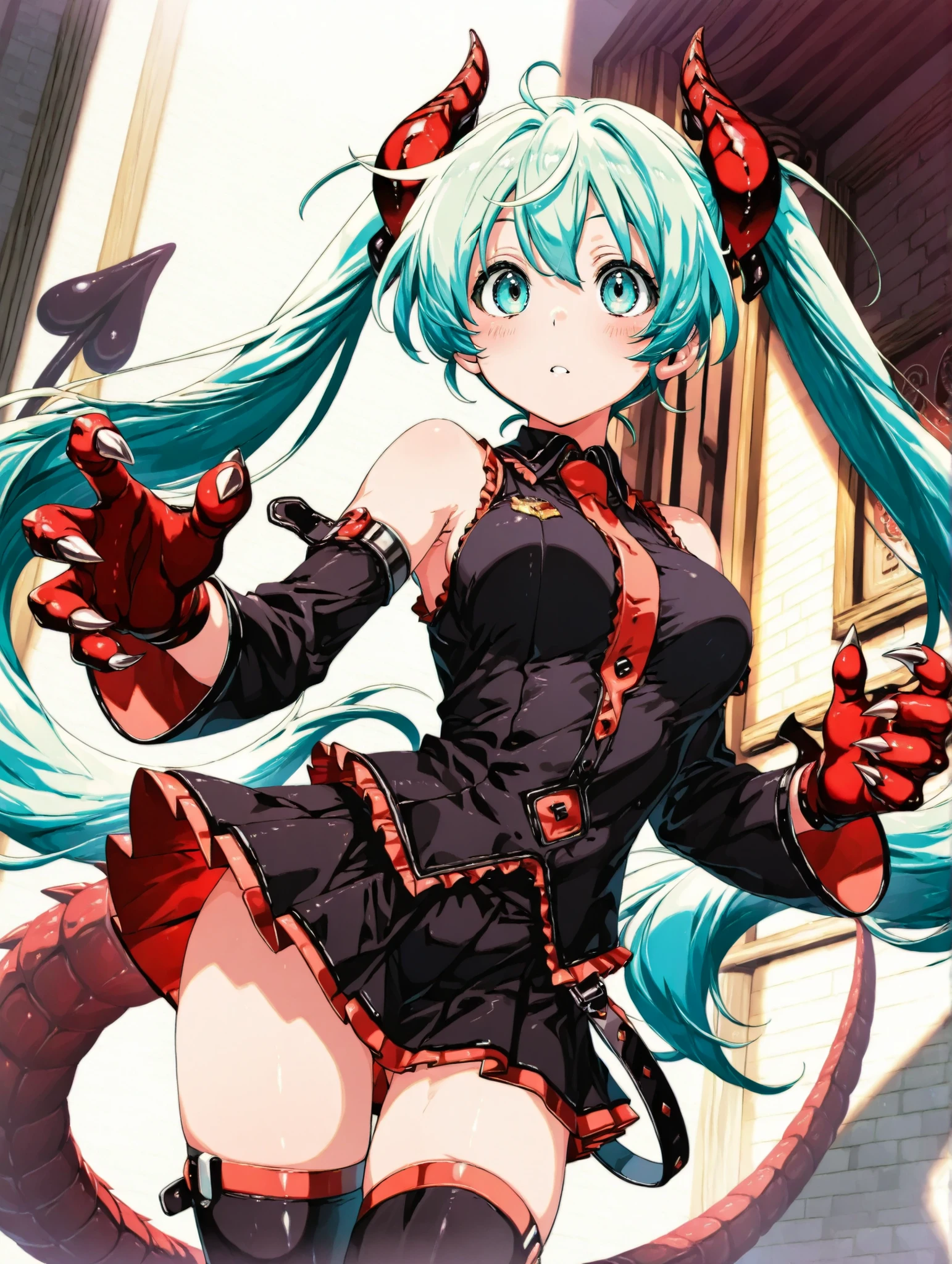 (masterpiece、Highest Quality、Highest Quality、Official Art、beautiful and beautiful:1.2)、(1 girl on break day:1.3)Hatsune Miku、beautiful breasts、light green twin tail、Devil's Horn、black dragon tail、Red and black bishche、miniskirt、 Dragon Claw、I'm bending over and staring at me