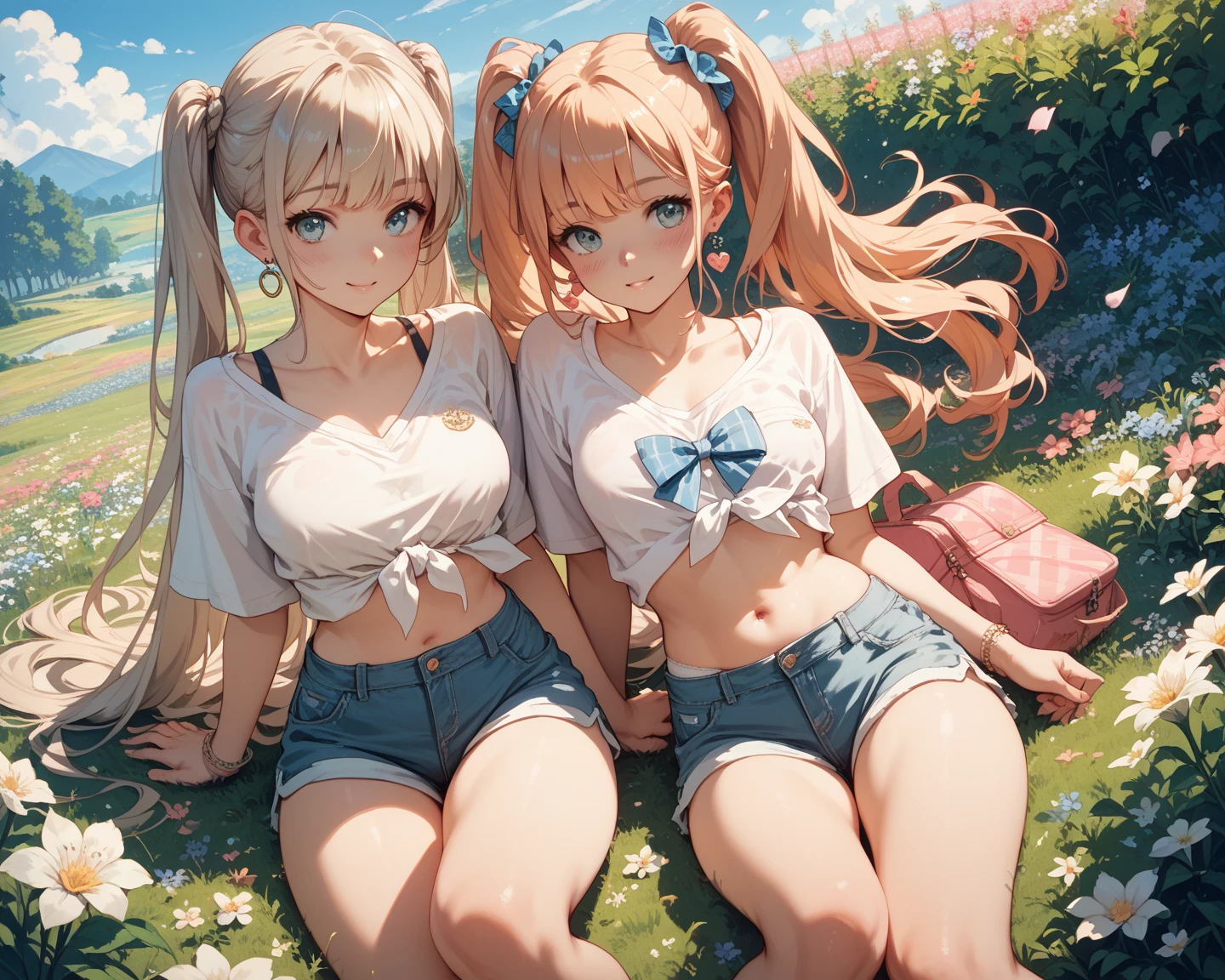 (masterpiece, best quality:1.4), Young blonde beauty, (((2 adult girls, neat girl))), detailed blue eyes, long eyelashes, blush, kind smile, horny, upper body, wet, pink sailor uniform, small ass, round ass, (looking at viewer), beautiful blonde hair, white-skinned, (bangs:1.3), (from above), squeezing, kissing, (medium size breasts), (mushroom forest, colorful celestial forest, beautiful and magnificent pink sunshine, majestic sky), natural light, pastel colors