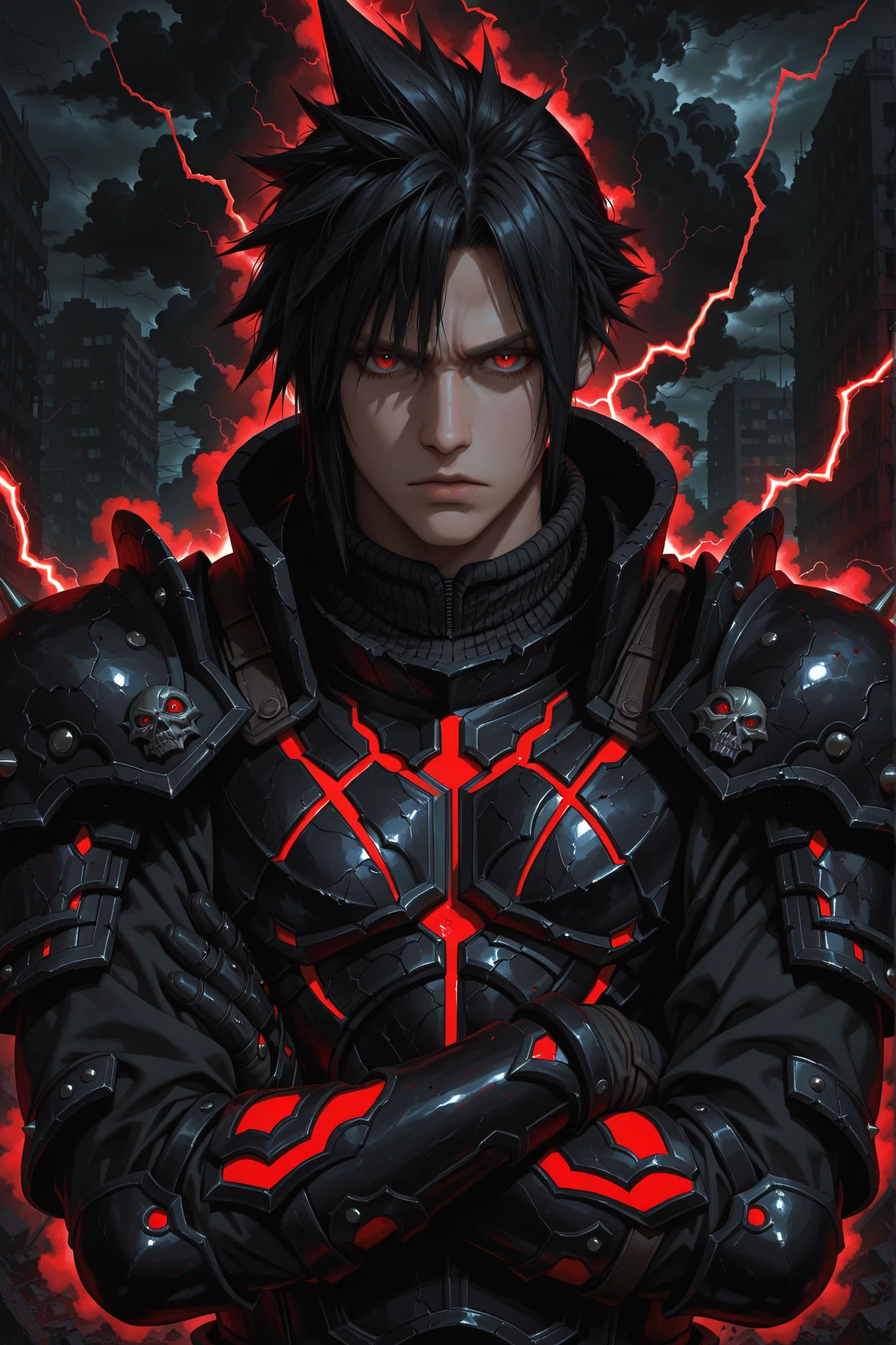(handsome, young, and rugged man) with (All black Cloud Strife style black hair with no color accents), (detailed red eyes), wearing (full black armor:1.2), no helmet, with a serious look, (Ruined City Background with red lightning). HD, High Quality, Masterpiece. Anime Style, Arms crossed