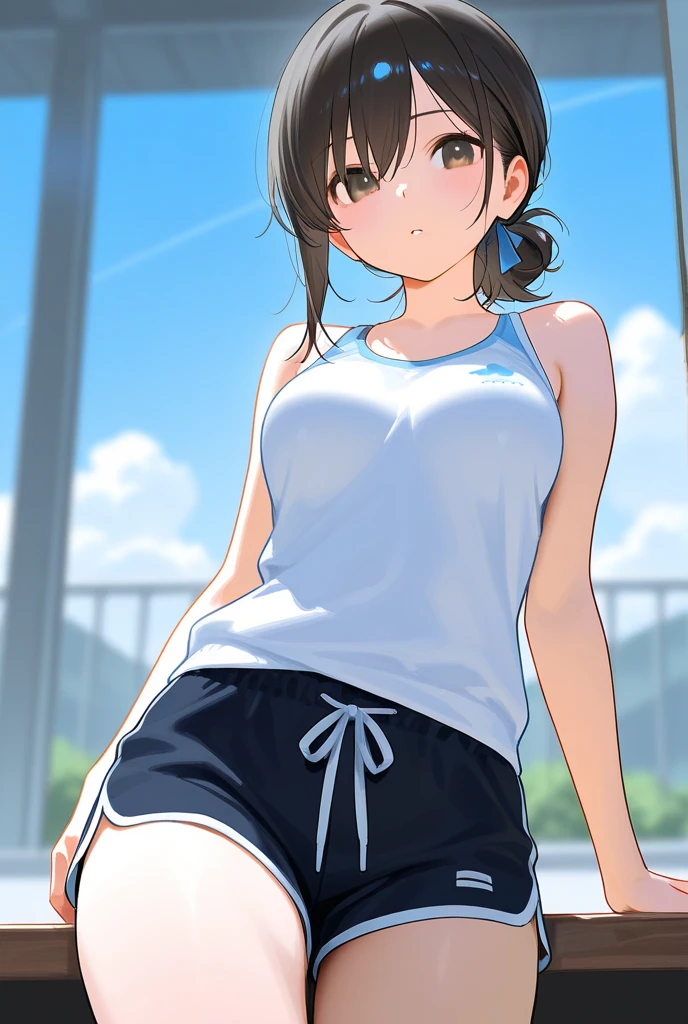 masterpiece, best quality, highres, aanene, short hair, buruma,gym uniform, standing, cowboy shot, outdoors, ahegao,nsfw,