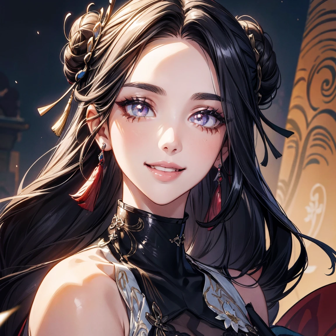 {{{masterpiece}}}, {{{best quality}}}, {{ultra-detailed}}, {cinematic lighting}, {illustration}, {beautifuly detailed eyes}, {1girl}, extremely detailed, 1girl, solo, A half body portrait of a beautiful samurai warrior, blue hair in a long ponytail, wearing gold and blue kimono, warrior, playful smile, brown eyes, huge breasts, cleavage, hourglass figure, outdoors, woodland background, walking down a wooden path, highly detailed face and clothing, slightly narrow eyes, perfect face, fair skin, hair bangs, long hair, cowboy shot, noble beautiful, traditional Japanese clothing, samurai woman