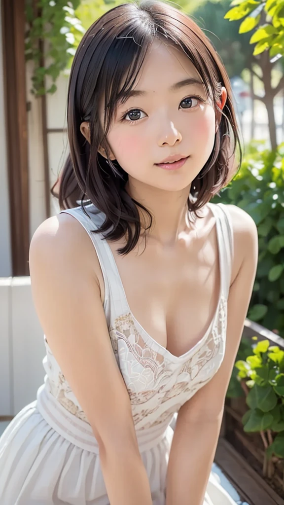 ((cowboy shoot, from the side), Highest quality, Ultra high resolution, Simple and white women's bra, short hair, big breasts, Highly detailed faces and textures, Detailed eyes, clear focus, stand, arms behind back,), one woman, white skin, real human skin, oval face, hair follicles, 8k, gentle, Eyes like a goddess, lip balm, eyelash, shiny face, wide light, natural shading, small waist, slim body, smile, sagging eyes, Double eyelids, library