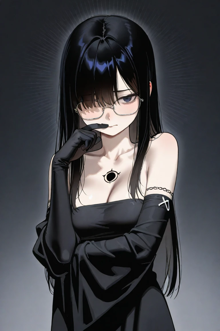 1girl, goth, black overalls, farmhouse, sitting on floor, sitting against wall, breasts, shirtless, black lips, black lipstick,