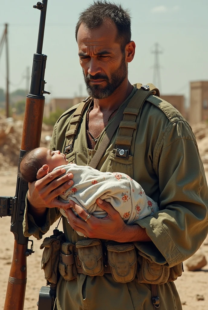 Create a portrait of young man carrying a baby in a war zone with gun, realistic portrait and detailed cg.