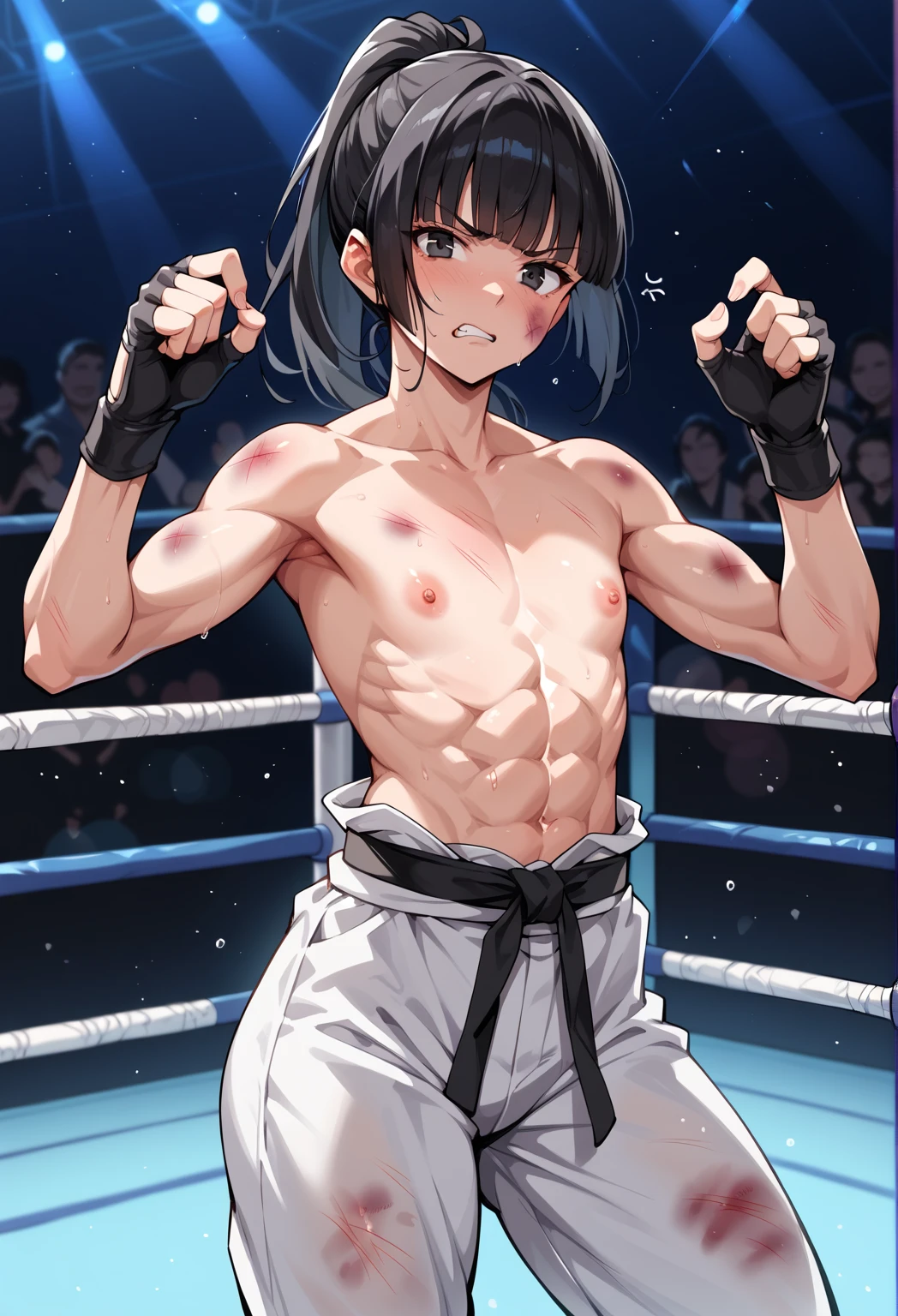 In the ring、Beautiful idol mixed martial artist masturbates with a humiliated expression。whole body。Sweat。muscle。six pack。naked。scratch。Bruise。shortness of breath。