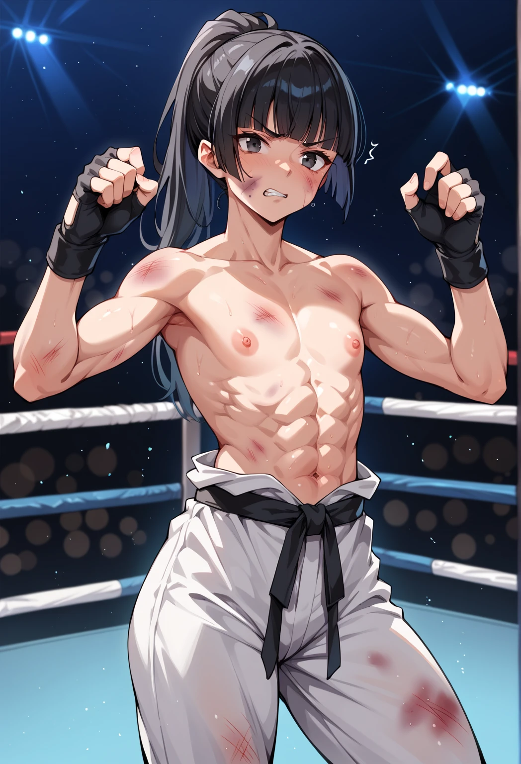 Completely naked、13-year-old female、Flat Chest、Playing against a 10-year-old boy、During a boxing match、Nipples、Boy athlete exposes penis、woman looks angry、Thick pubic hair、Anal sex broadcast live、Pain