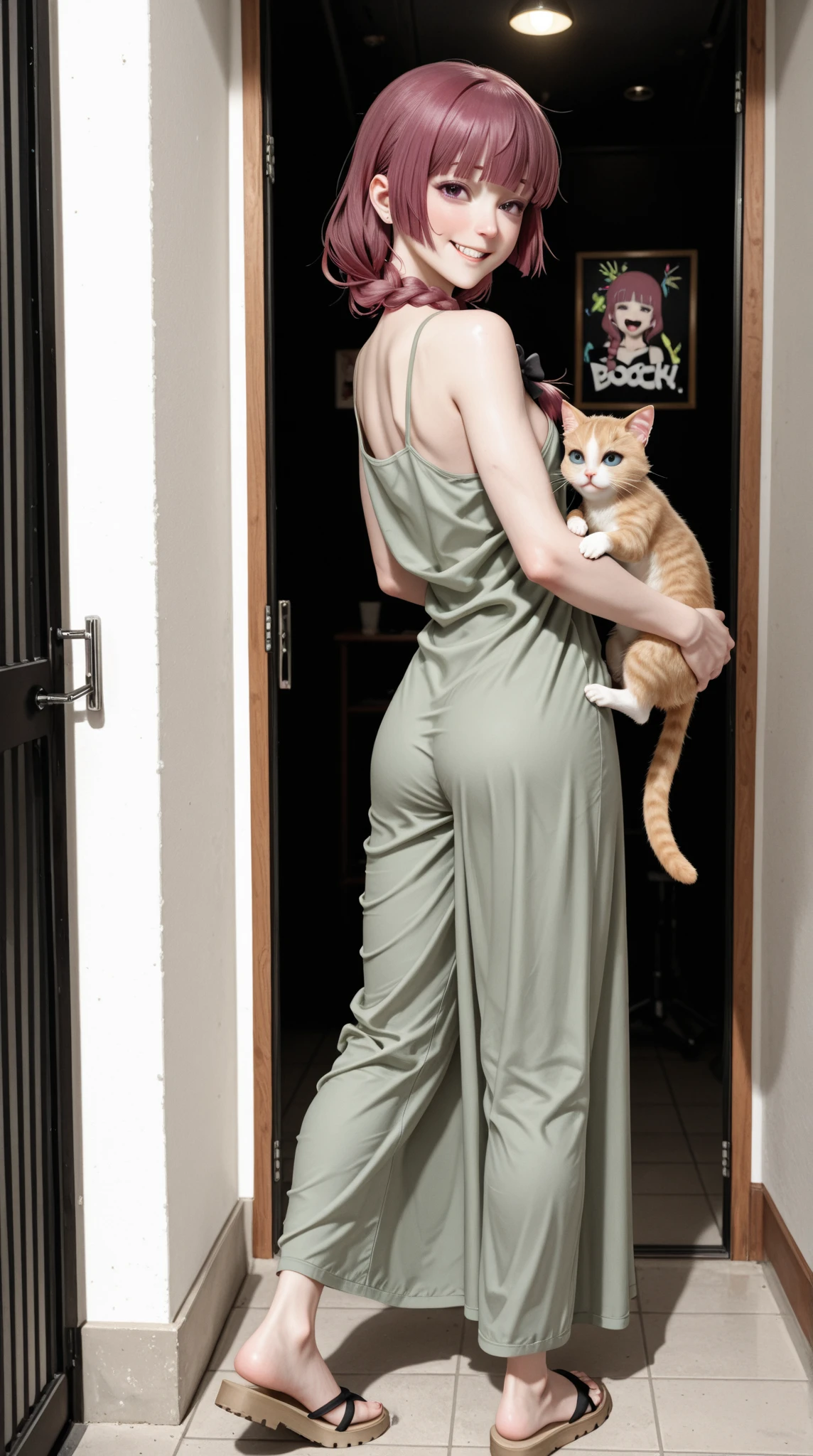 The most beautiful,thin,most pretty and clever Asian muslimah adult girl wears plains zebra print lycra turtleneck unitard catsuit.She always wear plains zebra print lycra dancewear stretchy square hijab.She stands and hugs a cute little cat.