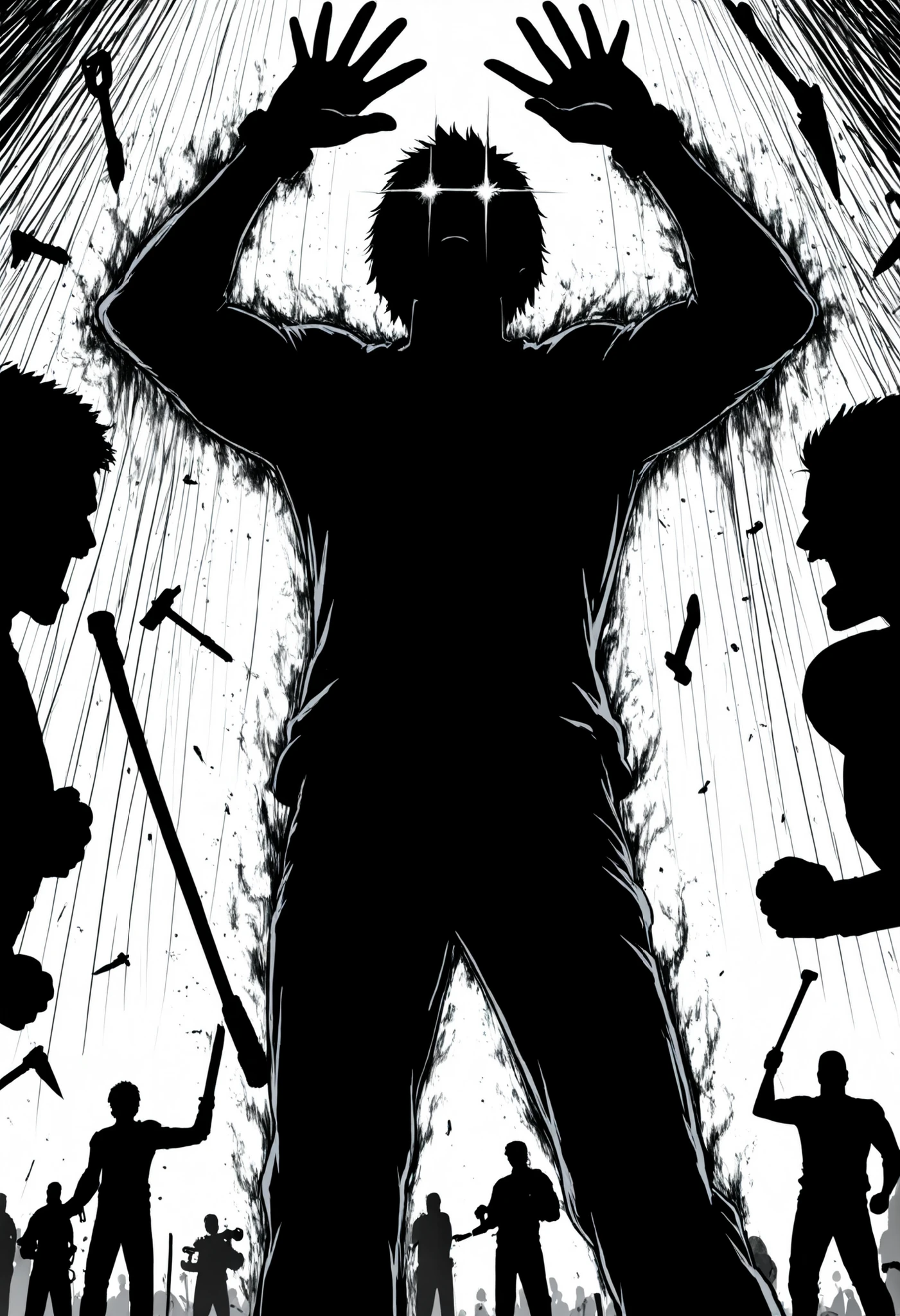 The image is composed in white with a high contrast,Black Silhouette Art,(bright white background), cartoon drawing, The central figure of a hunter —dark, imposing and armed with a lowered sword,looking up— it stands out against a white background surrounded by raised hands in negative contrast to the background, peasant weapons and tools such as sickles, gallows , hammers and picks,the hunter is being confronted and hunted, His silhouette has white details on the background, with bright empty or illuminated eyes, loss of humanity, an aura of threat . is covered with clothes reminiscent of an outlaw or nomad. Her upright posture, with relaxed arms, helpless,betrayal,resignation,(Counterposed plane with focus on the protagonist and framed from the crowd) visual depth