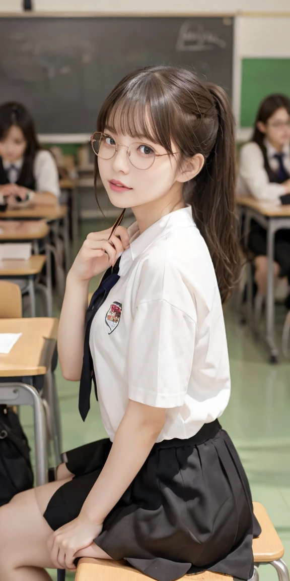 12-18 Years Old indian female, medium short hair style, (((wearing sexy seducing school uniform ))),at the university classroom,backlight, extremely realistic, 8k,(((cute glasses, hair accessories))), (((blushing face))),((full body)) ,insane details, intricate details, cinematic color graded,Color Grading, Editorial Photography, Photography,sharp focus, taken with a 60mm lens, ISO 300, f/4, 1/200th,bang, standing ,