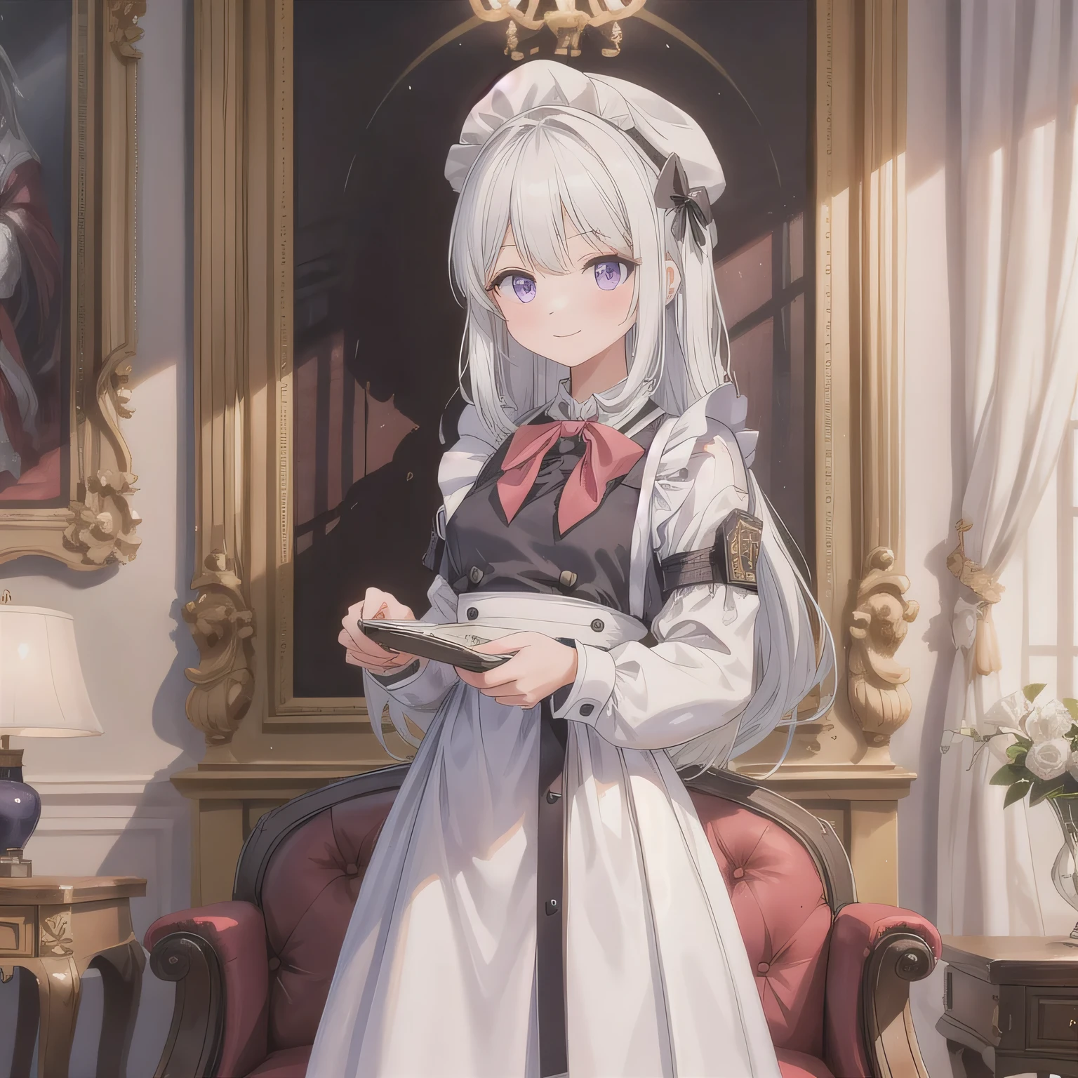 A breathtakingly beautiful 20-year-old woman stands in an opulent mansion room, dressed in a classic black-and-white maid outfit with a short hem and a white brim cap. Her confident smile radiates warmth. The room features elegant furnishings and decor befitting a grand estate, bathed in soft, natural lighting that enhances the sophisticated ambiance. White hair, long hair, purple eyes.