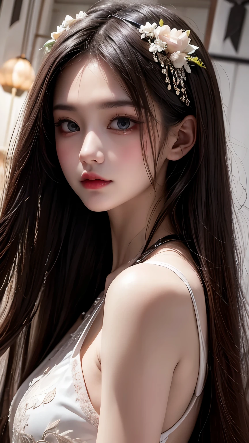 A breathtakingly beautiful fallen angel with [specific feather color, e.g., obsidian black] wings that show subtle hints of [secondary color, e.g., deep violet] at the edges. Her expression is one of melancholic defiance, with piercing [eye color, e.g., silver] eyes that hold ancient wisdom and sorrow. She wears a tattered yet elegant gown of [fabric type and color, e.g., dark, flowing silk] adorned with [specific embellishments, e.g., silver thorns and celestial patterns]. The background is a desolate yet majestic realm of shattered celestial architecture and swirling [color, e.g., crimson and grey] clouds. Subtle dark energy emanates from her, and fragments of broken halos float around her. Cinematic lighting, intricate details, high resolution.