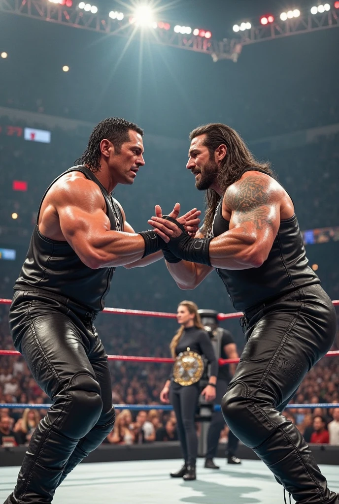 
A photo of a WWE wrestling match between Brock Lesnar and Roman Reigns. Brock Lesnar, a muscular wrestler with a topknot hairstyle, is standing inside the ring. He is 1.91 meters tall. 
He is throwing Roman Reigns, a wrestler with long hair and also 1.91 meters tall, out of the ring. The background is filled with spectators.