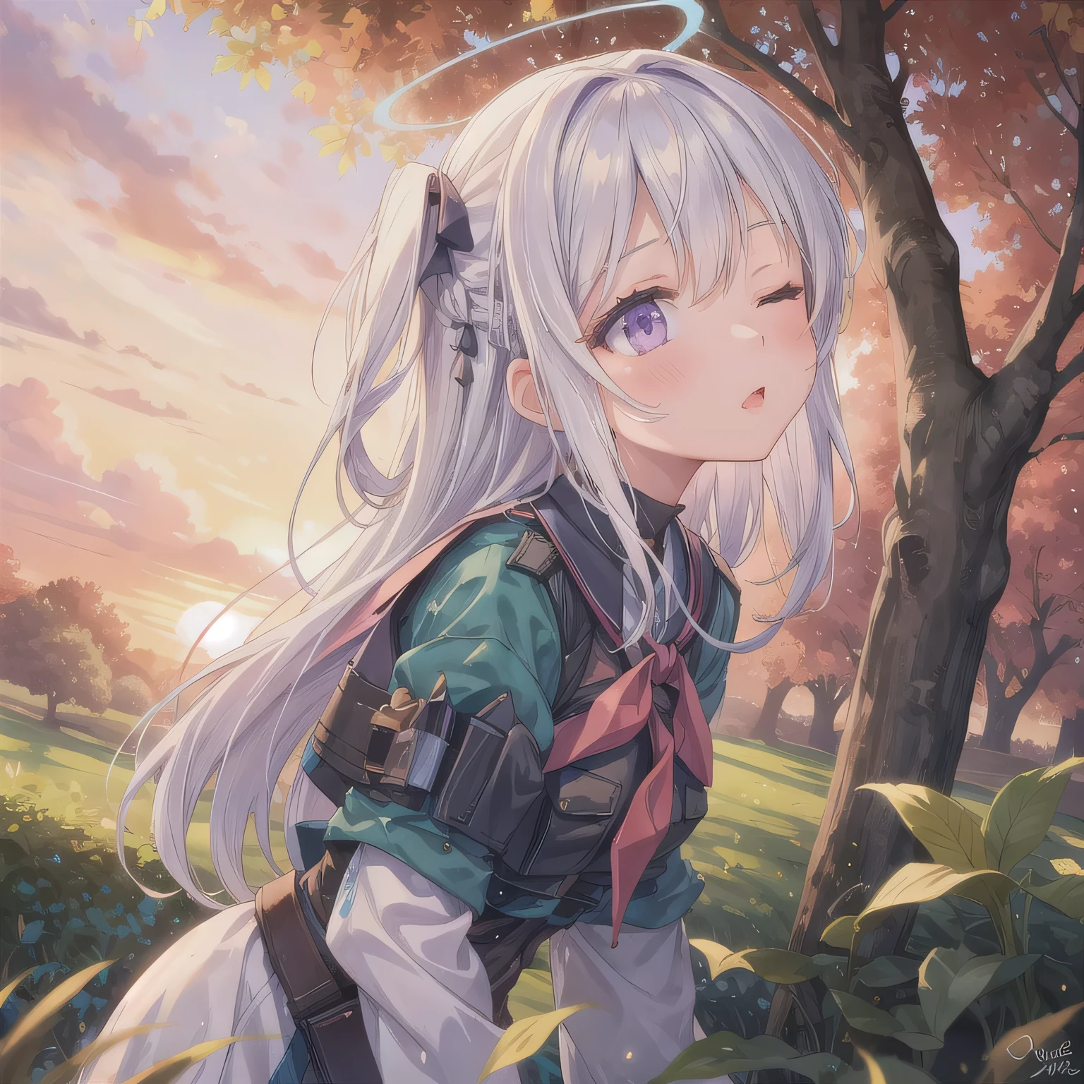 A breathtakingly beautiful 20-year-old woman stands in a lush green park at sunset, bathed in the warm golden light of the evening sun. Facing forward, her eyes gently closed, cheeks slightly flushed, and her face tilted upward as if anticipating a kiss, she embodies serenity and romance. The soft hues of the sunset complement the tranquil surroundings, enriching the dreamy atmosphere. White hair, long hair, purple eyes.