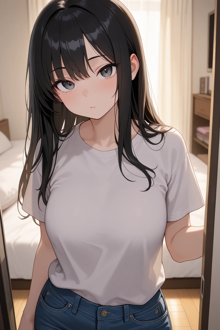 She is a student. She wears a white shirt, She has a dark brown skirt. She has brown hair, She has long hair down to her back. She has brown eyes. She is looking at the camera. Her waist is thin. She is sitting on a large bed in her room with white walls. Translucent clothing. He's a teenager. His shirt is open. She has medium breast.