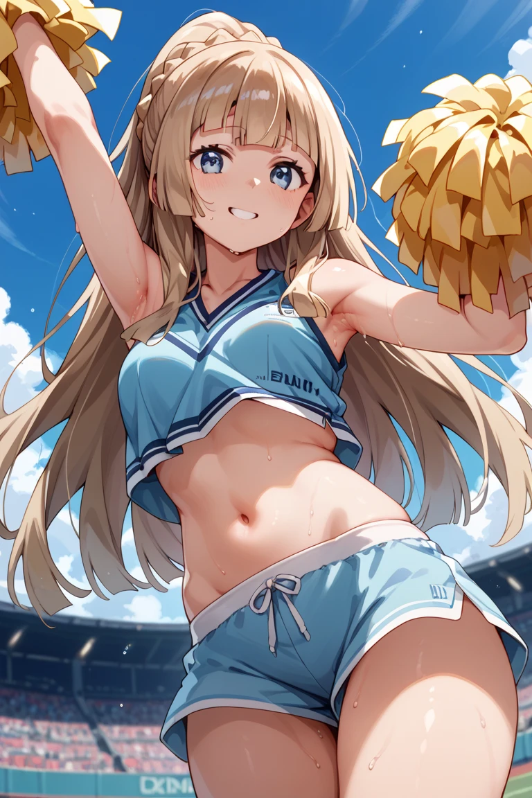 highest quality、cinematic lighting、cheerleader、blonde、white panties、playground、full of sweat、