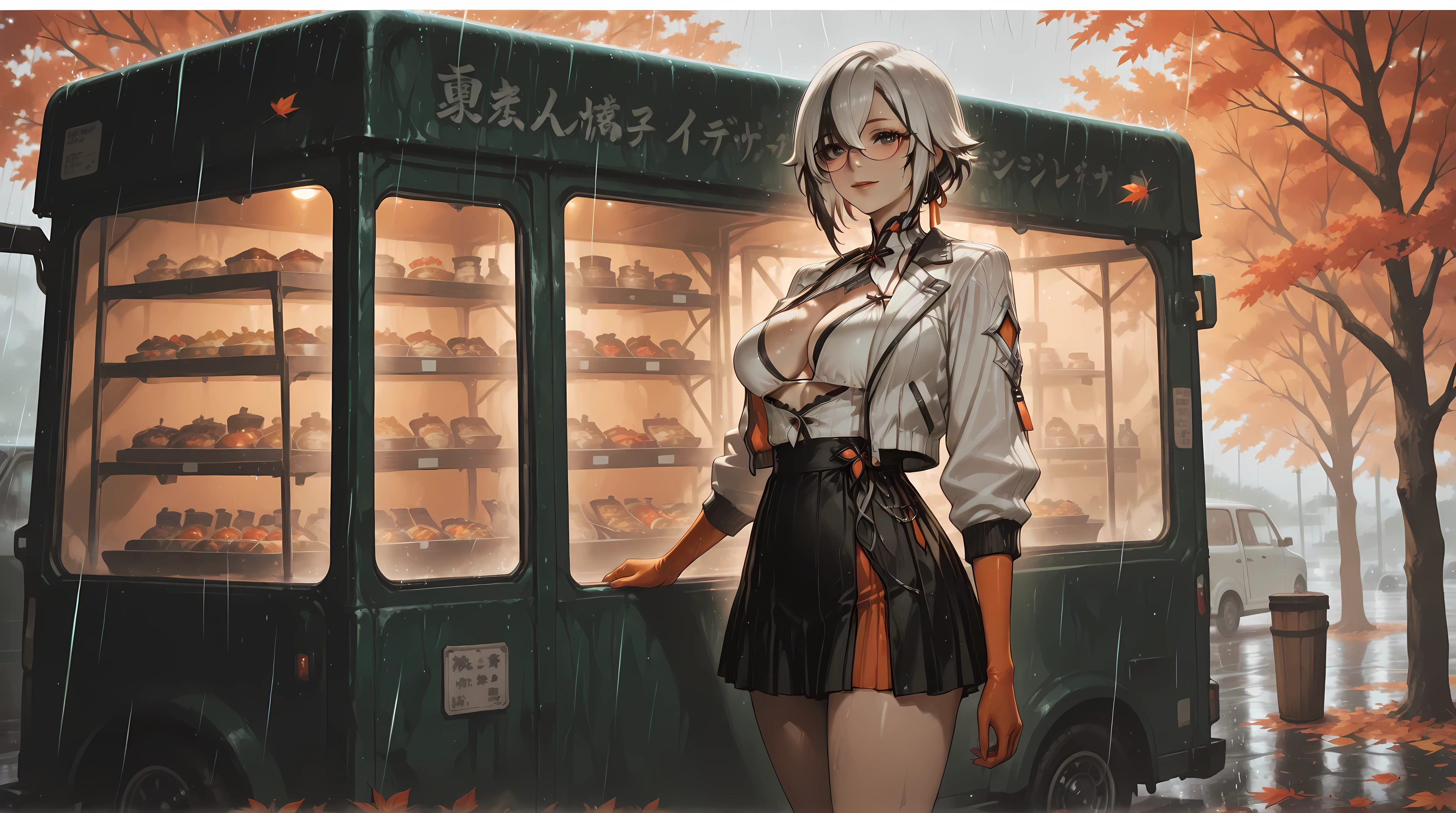 (NSFW:1.1), A Realistic image, extremely sharp focus, crisp details, high resolution, low light, cinematic, fashion photography, 4K, 8K. (correct anatomy and detailed hand). A wide angle shot, side view, a detailed, high quality rendering of arlcno. She wears beautiful, detailed round eyeglasses, she wears a white string bikini, white jacket and pleated dress miniskirt. She has a beautiful large breasts. She has a beautiful face details, a beautiful detailed black eyes, short hair, detailed hands, five fingers and a real human skin, her expression is happy and she looks at the viewer. She's standing in front of a food truck. Rain, autumn, dramatic cold soft light casting soft natural shadows, cold and warm color pallete. the background has highest detail, detailed background and depth of field.