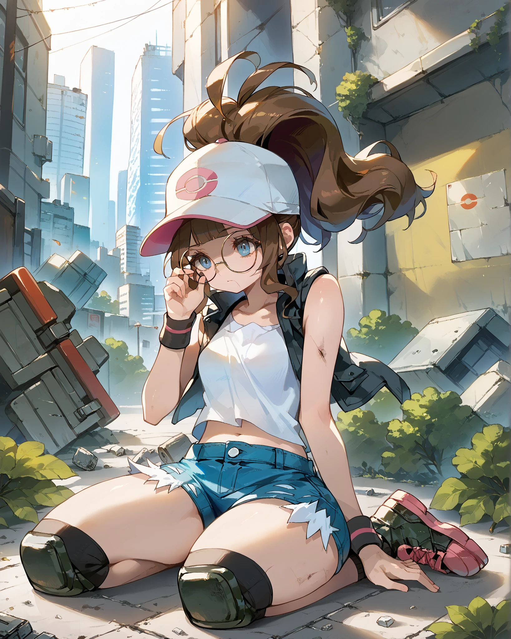 score_9, score_8_up, score_7_up, source_anime, UHD, BREAK, fio germi, pokemonhilda, BREAK, curly sidelock, round glasses, baseball cap, ponytail, blunt bangs, BREAK, urban park background, overgrown weeds, concrete crack, BREAK, pear body figure, small breast, blue shorts, denim shorts, baseball hat, shorts, vest, wristband, cropped open jacket. black vest, sleeveless, sexy pose, (thick thigh), knee pads, BREAK, handfixer