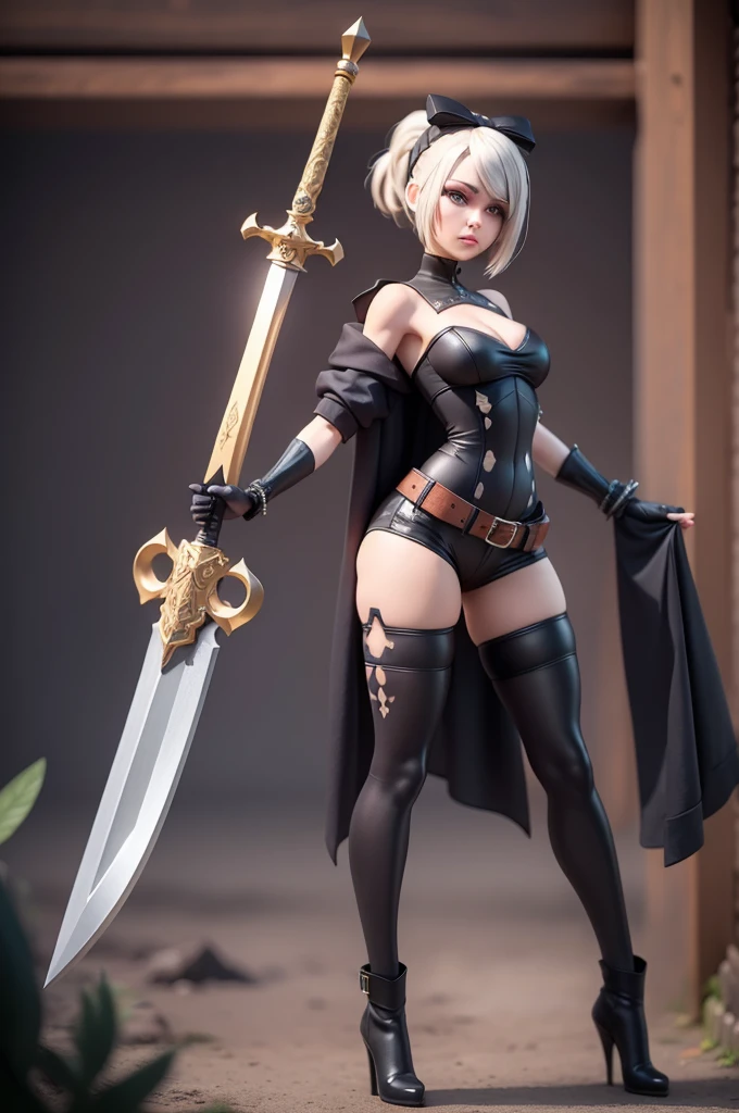 (((masterpiece, best quality, high detailed, 16k))) (1girl) A cunning assassin with short, spiky silver hair and cold, calculating grey eyes. She wears a tight, black leather outfit with red accents that allow her to blend into the shadows. Her weapons of choice are a pair of curved daggers, one in each hand, and her movements are quick and precise. ((full body view))