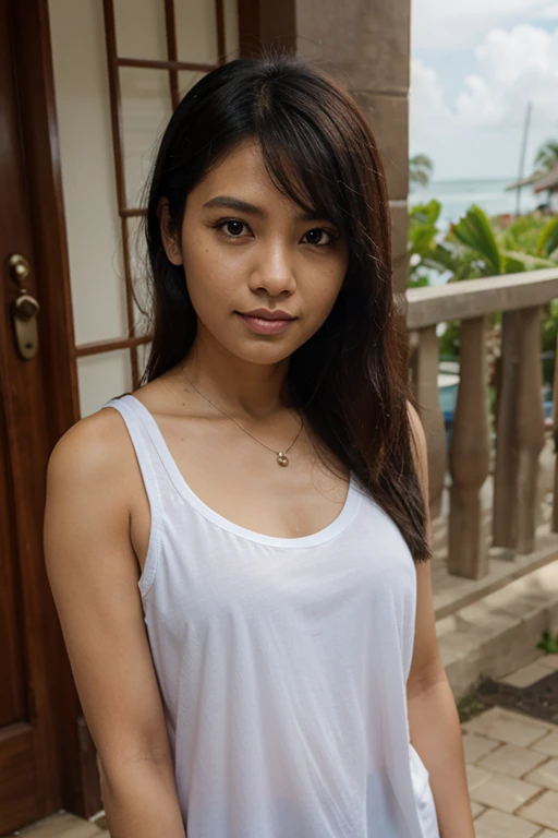 Young sweet beautiful Indonesian girl, 24 years old, slim body, bright beautiful eyes, georgeus face, wet wavy black short hairs, wearing wet long sleeve unbuttoned thin jacket, wearing wet white see through transparent tank top strict low neck t-shirt, wearing wet white mini string skirt, no bra, realistic, very detail, no cartoon, all fingers have normal shape, lying down look like crazy girl on sidewalk, body enjoying having sex, orgasm face, open very wide mouth, half open eyes,