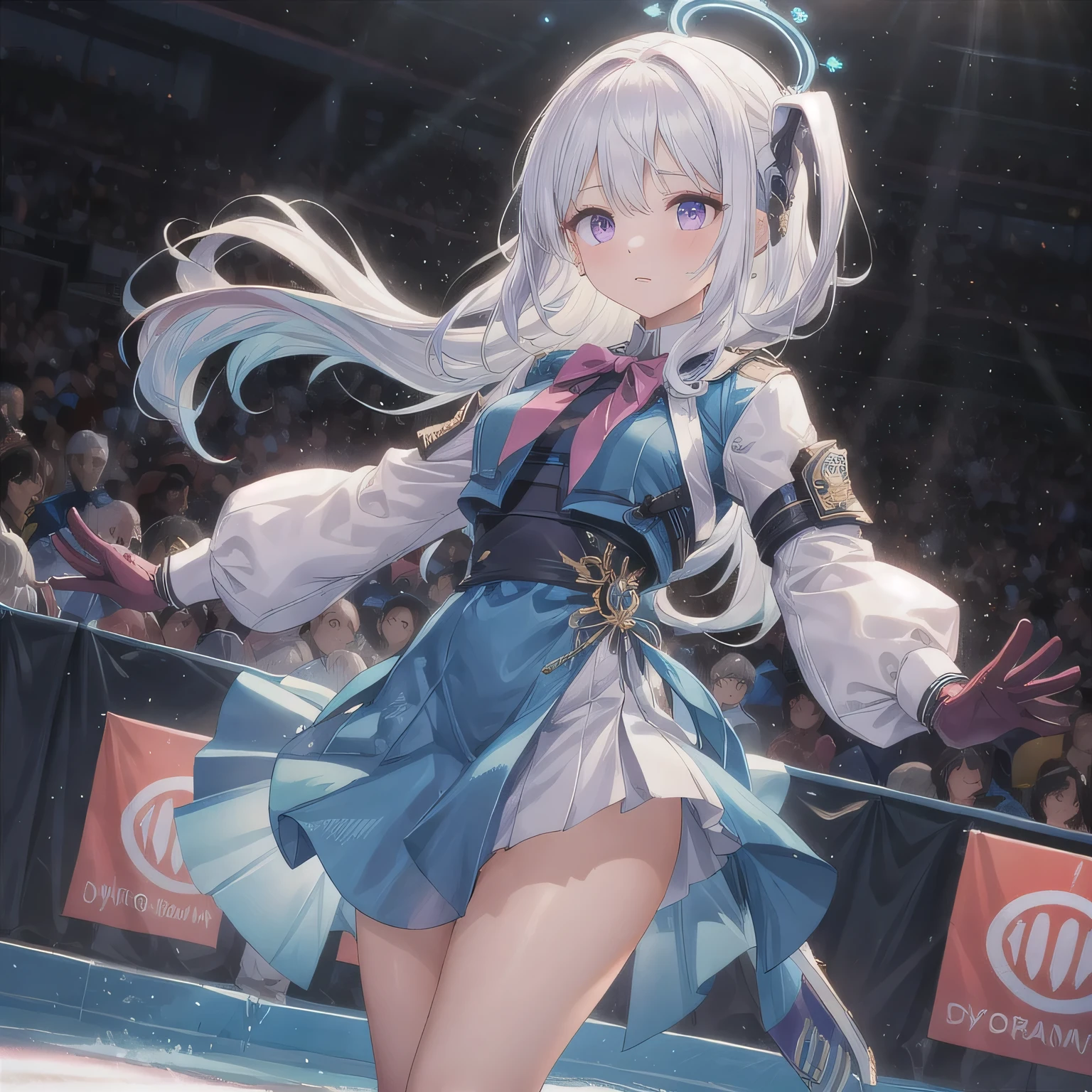 A breathtakingly beautiful 20-year-old woman glides dynamically across the ice rink, dressed in an exquisitely detailed and elegant figure skating costume. Her graceful movements exude both power and finesse as she carves intricate patterns into the ice. The soft arena lighting casts a gentle glow, highlighting the shimmering fabric of her outfit and the fluidity of her performance, creating a mesmerizing scene of beauty and athleticism. White hair, long hair, purple eyes.