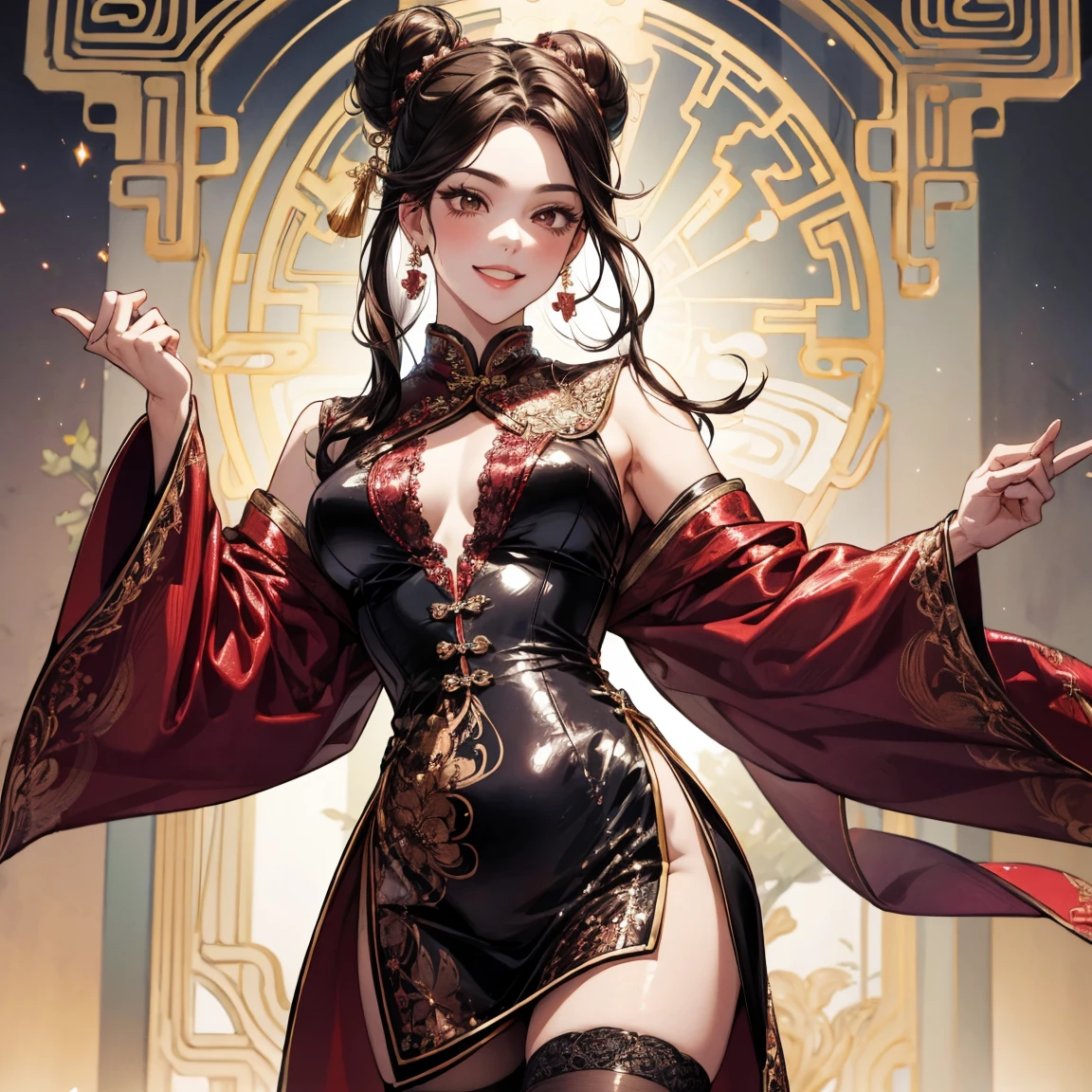 (Obra maestra:1.4), (La mejor calidad:1.2), firecracker vayne, 1girl, glasses, china dress, hair ornament, ribbon, pantyhose, ponytail, (big tits:1.1), beautiful face, perfect anatomy body proportions,  sensual + sophisticated, glamorous, provocative, elegant , seductive pose