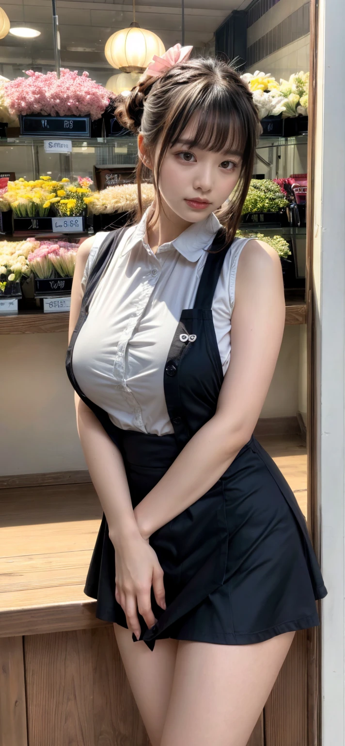 ((top quality, 8K, masterpiece: 1.3)), beautiful woman with perfect figure: 1.4, dark brown hair, big, exposed cleavage, shirt in uniform (shirt lift: 1.3), showing off the intramural competition (school swimsuit: 1.2) worn under (uniform: 1.1)), (school swimsuit visible from the flipped up shirt), blouse over school swimsuit, (wrinkled shirt), Highly detailed face and skin texture, detailed eyes, double eyelids, wet body: 1.2, (sweat breasts: 1.2) classroom, bustling classroom, standing on a desk, hip line, looking at the camera,