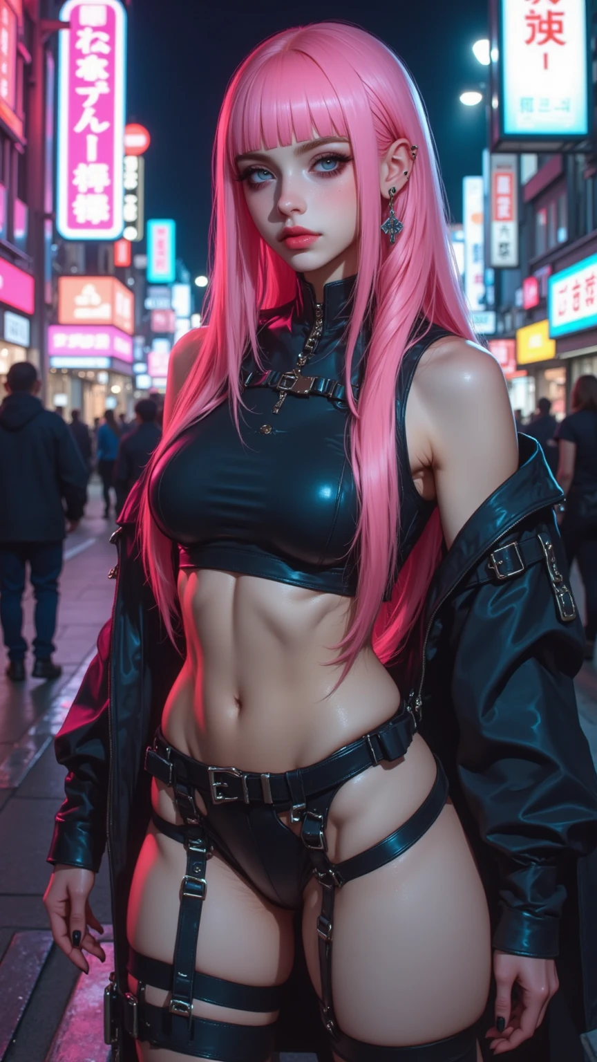 Zero Two Darling in the Franxx, 1 girl, Underboob, Small black semi see-through top, big breasts, erected pink nipples, bites bottom lip, sexy pose, View from below, (((Black latex micro mini skirt ))) , ass to the camera, stockings and garter belt, perfect body, We see her slim and tight, wet, pink hair, she is in a street Day Light Cyberpunk City, 8k, real skin, realystic, HDR, ultra resolution, light leaks