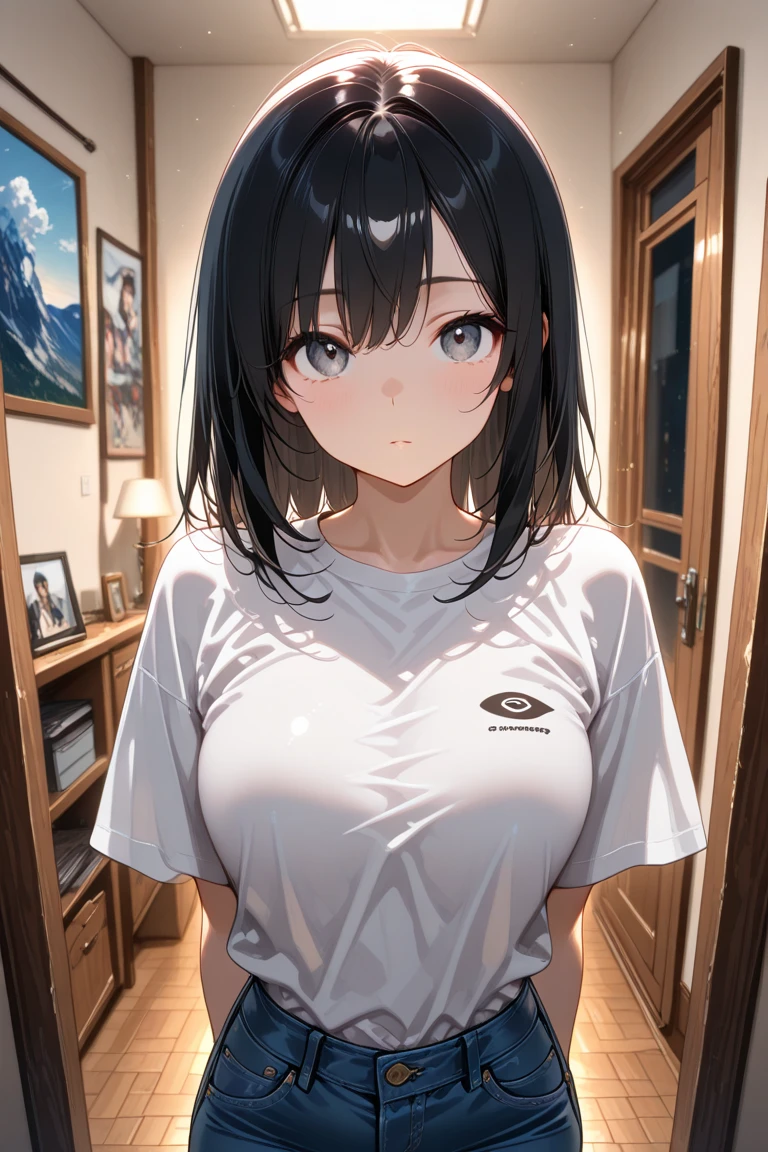 super fine illustration, vibrant colors, masterpiece, sharp focus, best quality, depth of field, cinematic lighting, ultra detailed, short sleeves, t-shirt, collarbone, skinny jeans, belly button piercing, bare midriff, hips, 1 woman, solo, home, solo, milf, very messy hair, long hair, slender, blush, annoyed, room, indoors, mature woman, tall woman, looking down, v-shaped eyebrows, c cup,