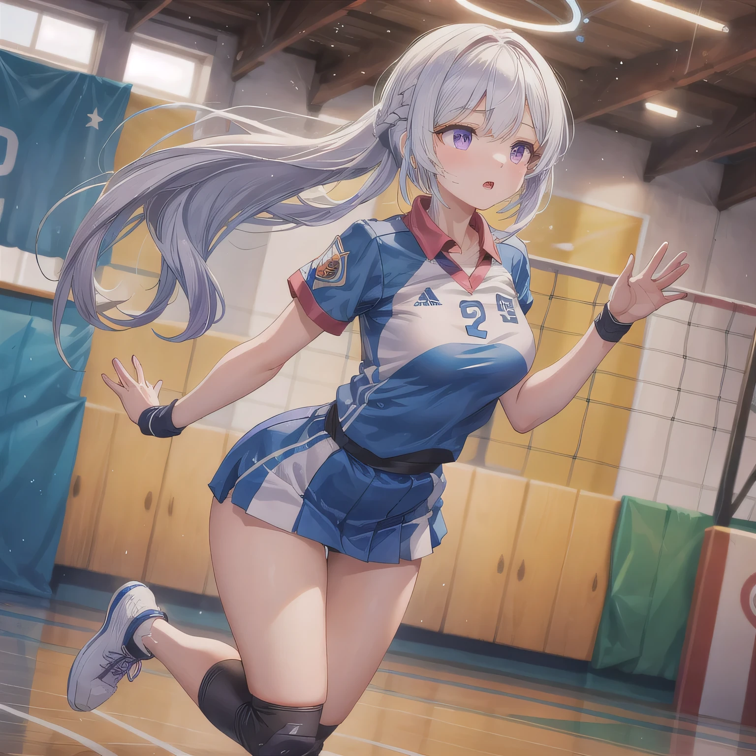 A breathtakingly beautiful 20-year-old woman soars into the air on a volleyball court inside a brightly lit gymnasium, preparing to spike the ball with precision and power. Her athletic form is accentuated by a sleek, form-fitting uniform, and her intense gaze remains locked onto the target. The polished wooden floor reflects the motion, enhancing the dynamic energy of the moment as she displays her skill and determination. White hair, long hair, purple eyes.
