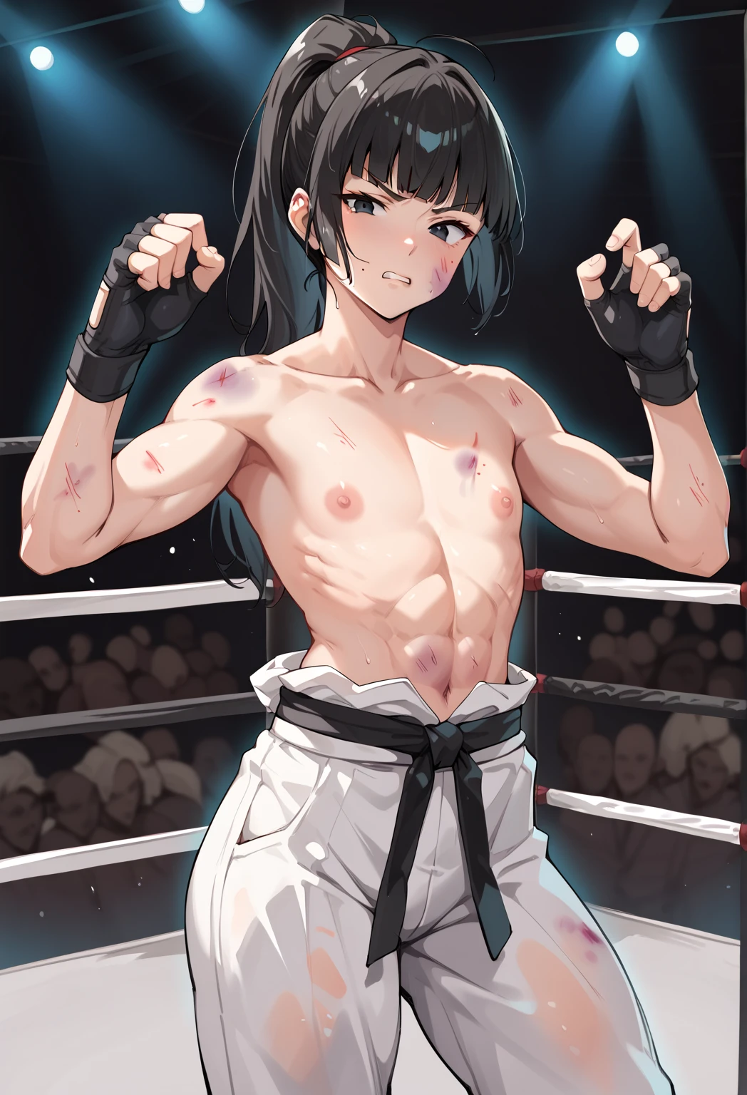 Two injured Japanese female high school mixed martial artists fighting in the ring。Short black hair。Glaring at someone。They are pushing opponent's body by fist so hard  each other violently. Drooling from the mouth。One eye closed。Serious expression。A fighting expression。Drenched in sweat。A well-trained body。Six Pack Abs。Small breasts。Erect nipples。Upper body naked。Open Finger Gloves。shortness of breath。