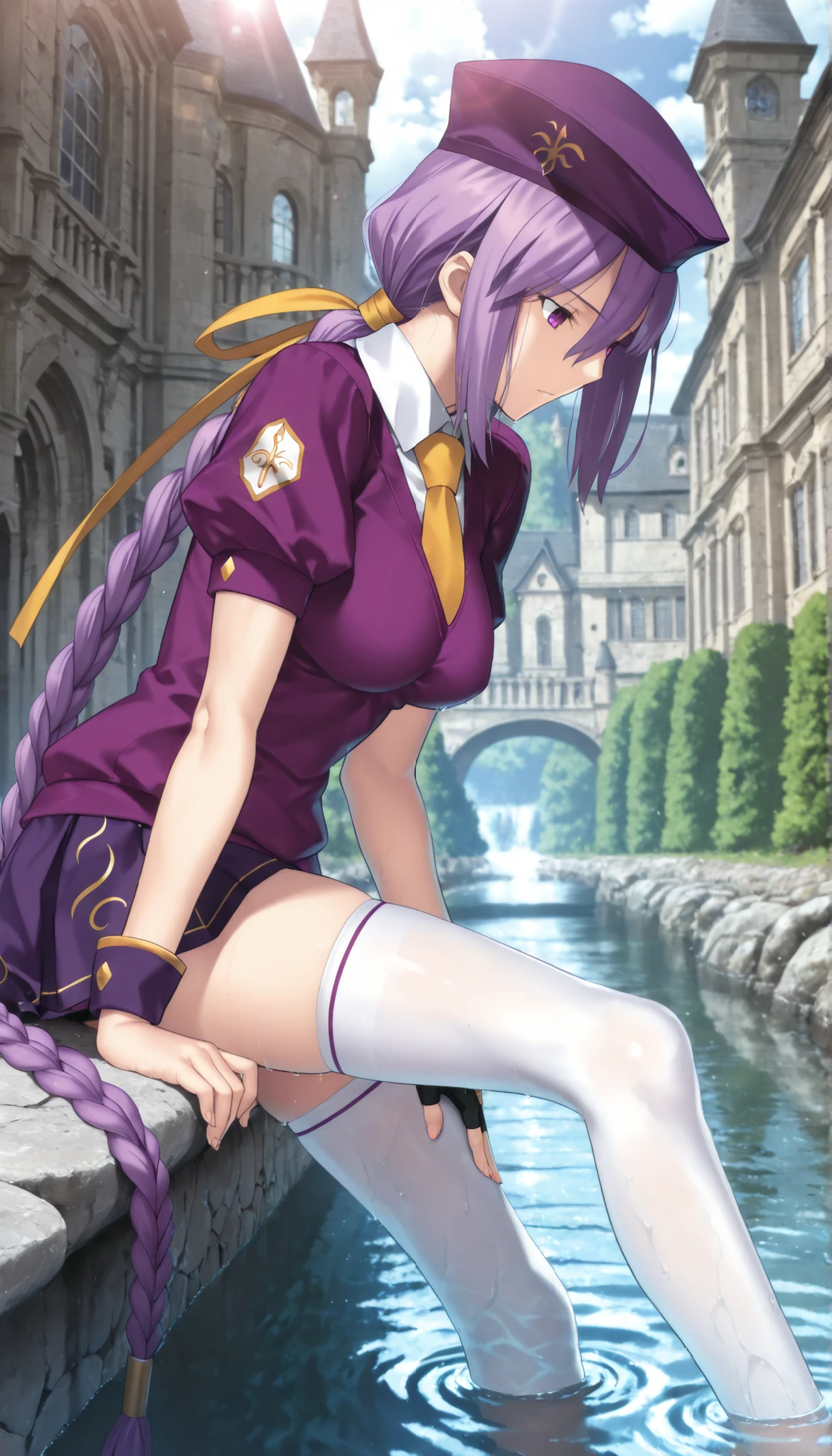 masterpiece, , absurdres, highres, detailed background, high resolution, masterpiece, necessary, detail, best quality, quality, necessary, details, High details, Precise, dark, outdoors, (mansion, ,river), lens flare, blurry background, (in water) ,from side,
1girl, Takeuchi Takashi (type-moon,tsukihime) style, takeuchi takashi style,, (aged up:1.5) ,((very long legs, slim legs)),sitting ,((leaning forward)),
girl, (slender body, slim arms, slim bod), (Sion) Eltnum (Atlasia) ,sion eltnam atlasia,(fate), purple hair , purple eyes, half-closed eyes, tsurime, hair between eyes ,long bang, long hair , braided hair , braided ponytail , yellow ribbon , EltnumOutfit ,small breasts, light purple sweater ,Juliet sleeve sweater , collared undershirt , white undershirt , undershirt , yellow necktie , short sleeve, , dark purple skirt , miniskirt , gold trim , white thighhighs , single glove , fingerless glove , black glove , dark purple beret ,looking down , touching leg,