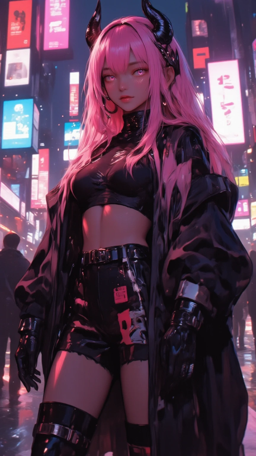 ((High-res)), 16K, HDR, RTX, ((Best quality)), ((masterpiece)), ((detailed)), ((realistic)), 1 woman, sexy, beautiful, slutty, wearing a modern stylish silver-pink sequin shirt and black pants, jewelry, silver-pink hair, cyberpunk, nsfw