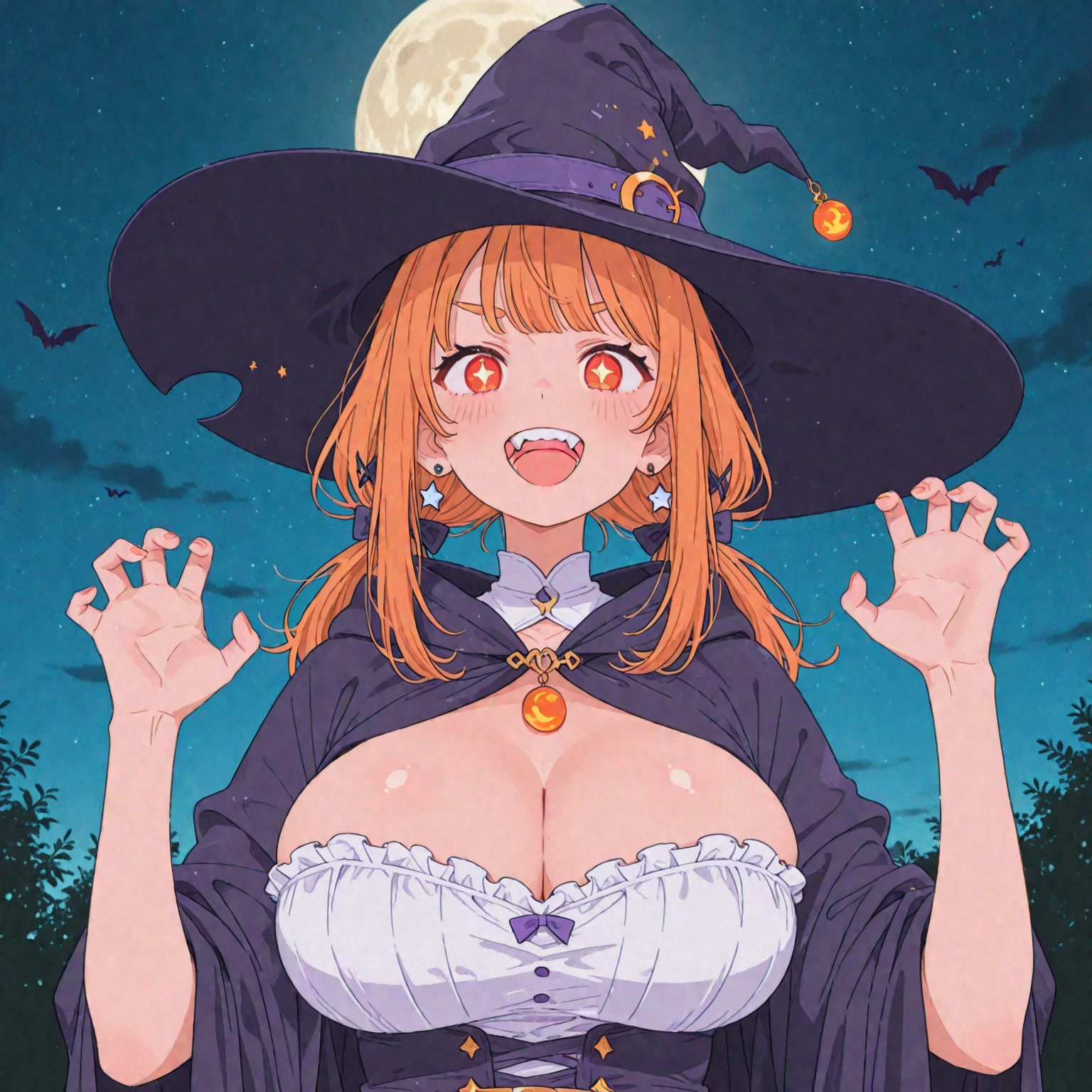 pregnant beautiful and sexy witch with short orange hair, orange eyes, black shirt, black skirt, black witch hat, malicious smile