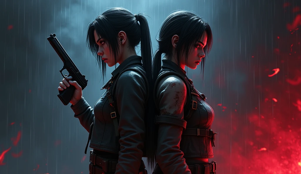 Revy from black lagoon, tattooed babe, wearing a black leather jacket, short ripped jeans, Her expression is sensual, hair loose and messy, hair blowing around, background is a bright scene, neon lights illuminating the area around her, The artwork is rendered in an edgy and realistic style, with high attention to detail and sharp focus. The colors are vivid and contrasted, with a slight desaturation to create a moody atmosphere. shadowy highlights enhancing the overall composition. The medium used is a digital illustration, with a touch of photo-realistic elements to add depth and texture to the image. The final result is a masterpiece in ultra-high resolution, showcasing the intense and raw nature of Revy's character. she's facing the front image, alone,