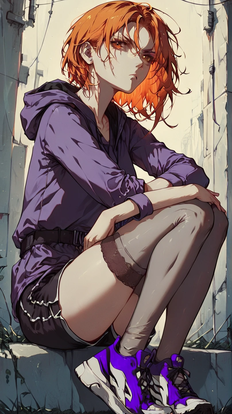 girl sitting in a cell, black pantyhose, Redhead, striped shirt, seductive, Casual pose, prison clothes., sexy