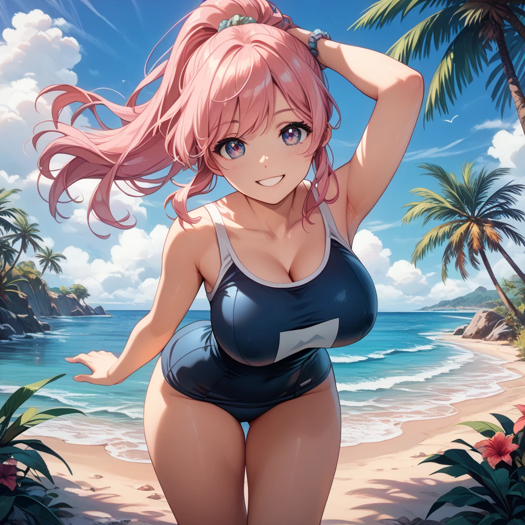 (((best quality))), ((ultra-detailed)), (((masterpiece))), (illustration), ((an extremely delicate and beautiful)), ((super detail)), ((high resolution)), (((20 years old))), ((metallic cloth)), (cheerleader), (super heroine), (android), delicate metal decorations, gleaming skin, shiny body, two legs, breast focus, (((tall))), slender legs, ((big round eyes)), cute eyes, drooping eyes, ((adult)), two hands, five fingers, no extra hands, elegant smile, braid, ((metallic blue)), (see-through), (dark pink), (moth green), (((((ultra humongous breasts))))), (shining brightly), outdoor, daytime, ((biopunk)), (hair shorter than shoulder), (medium length hair), gynoid, (metallic shining beach volleyball bikini), city, ((midriff-baring outfit)), (spread legs), camel toe, sit with legs stretched out, nsfw, ((((female masturbation)))), flood of pussy juice, (right hand on the clitoris and left hand on the breast), (plunging beach volleyball bikini), (bare top),