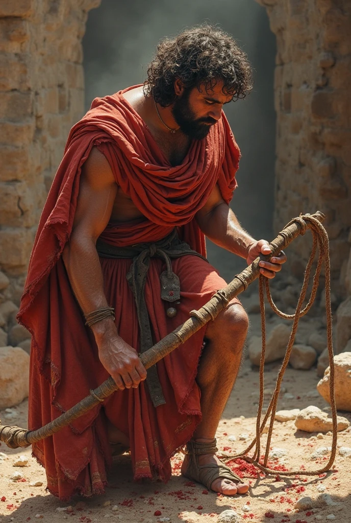 Man crying on his knees without a shirt trying to remove an arrow that is stuck in his heart bleeding while crying and seeing the arrow with Greek style in dark light with the body in profile 
