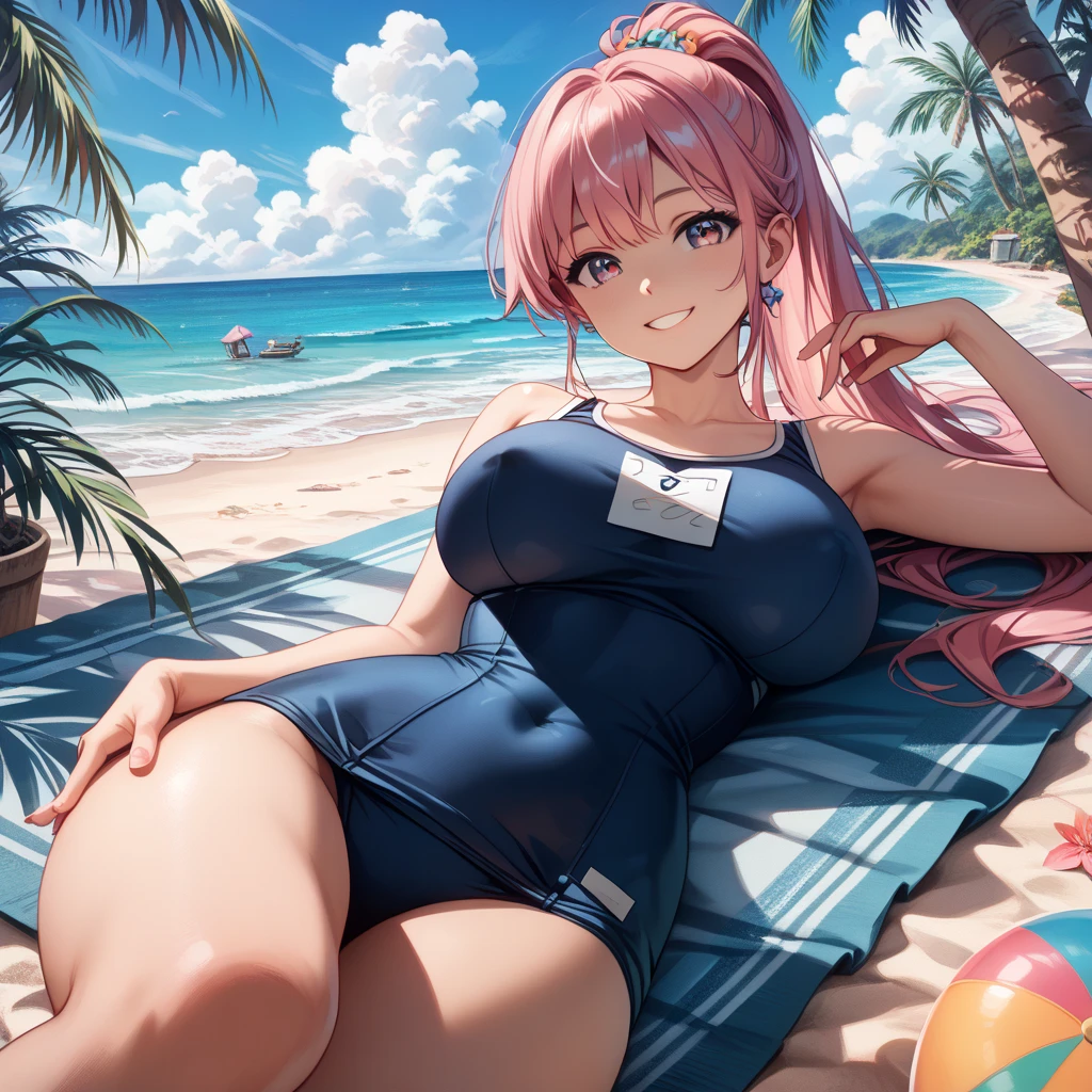 {Best Quality}, {very aesthetic}, {Ultra-detailed}, {Best Illustration}, nsfw, Navy blue swimsuit, Japan Student Swimsuit, One Piece Swimsuit, tits out, Pink hair
