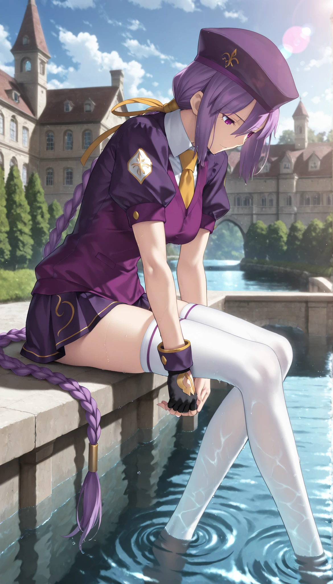 masterpiece, , absurdres, highres, detailed background, high resolution, masterpiece, necessary, detail, best quality, quality, necessary, details, High details, Precise, dark, outdoors, (mansion, ,river), lens flare, blurry background, (in water) ,from side,
1girl, Takeuchi Takashi (type-moon,tsukihime) style, takeuchi takashi style,, (aged up:1.5) ,((very long legs, slim legs)),sitting ,((leaning forward)),
girl, (slender body, slim arms, slim bod), (Sion) Eltnum (Atlasia) ,sion eltnam atlasia,(fate), purple hair , purple eyes, half-closed eyes, tsurime, hair between eyes ,long bang, long hair , braided hair , braided ponytail , yellow ribbon , EltnumOutfit ,small breasts, light purple sweater ,Juliet sleeve sweater , collared undershirt , white undershirt , undershirt , yellow necktie , short sleeve, , dark purple skirt , miniskirt , gold trim , white thighhighs , single glove , fingerless glove , black glove , dark purple beret ,looking down , touching leg,