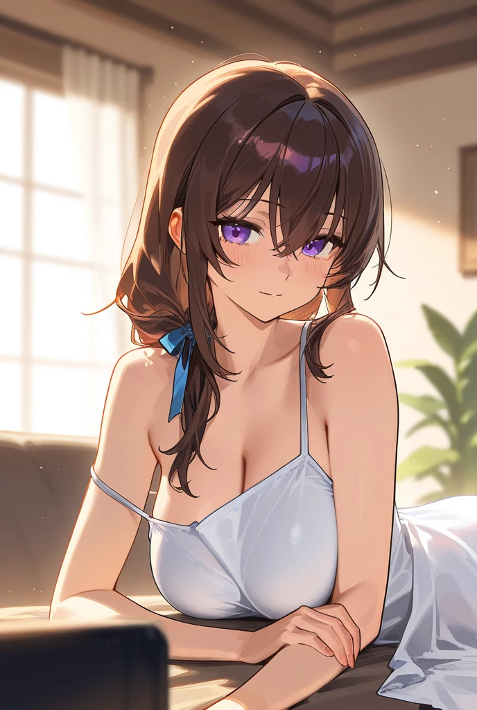 Masterpiece ,best quality , high resolution , ultra detail , colorful , soft light , mild light , sunlight , shinny , (perfect fingers , Detailed fingers, perfect hands) , (1 girl solo:1.38) , (Misato katsuragi) , (black eyes, ponytail , purple hair, medium_long_hair, make up, necklace, tall, slim body,) , (narrow waistline , wear maid apron , navel , belly , maid miniskirt , maid headband , thigh strap, head tilt) , (arms behind back . hands behind back) , (cleavage:1.15) , (big breast:1.13) , (indoor , in bedroom , bed , windows , lamp) , (standing cowboy shot) , ( full face blush , shy , smile , open mouth) , (face viewer , look at the viewer)
