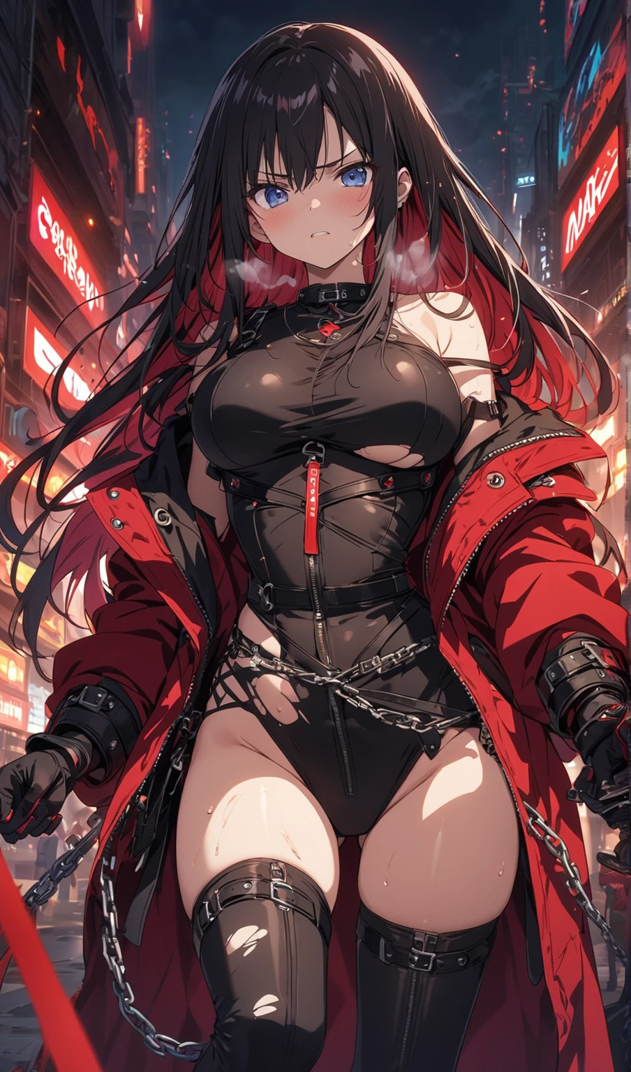 Highest quality、Highest quality、Masterpiece、girl((American、half、18-year-old、as soon as、Highest Bust、Medium Bust、Wide open chest、Red glowing eyes、Black Ear、Red Mesh、Disheveled Hair、Loincloth、thin、The best valley、Open chest、hair ornaments、Full body view、pants、shortＴshirt、Random Pause))、high quality、Beautiful Art、background((military base))、flight、Flying Debris、Depth of text、movie、Visual Arts、Perfect Art、8K、Genuine、Special Angles