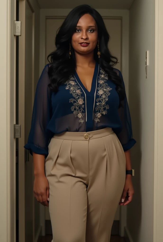 Office scene, A radiant, full-figured South Indian 35 year old aunty a cream colour chiffon skirt and black colour chiffon shirt, captured in a full-body image with vibrant hues and meticulous details. Full body image
