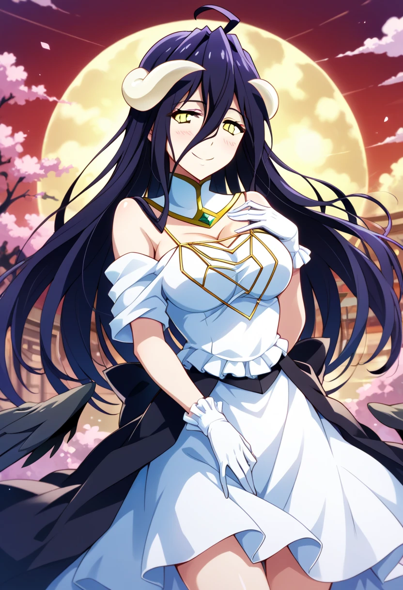 <lora:AlbedowV2-000015:0.8> albedow, medium breasts, long black hair, yellow eyes, white dress, white elbow gloves, looking at viewer, evil smile
