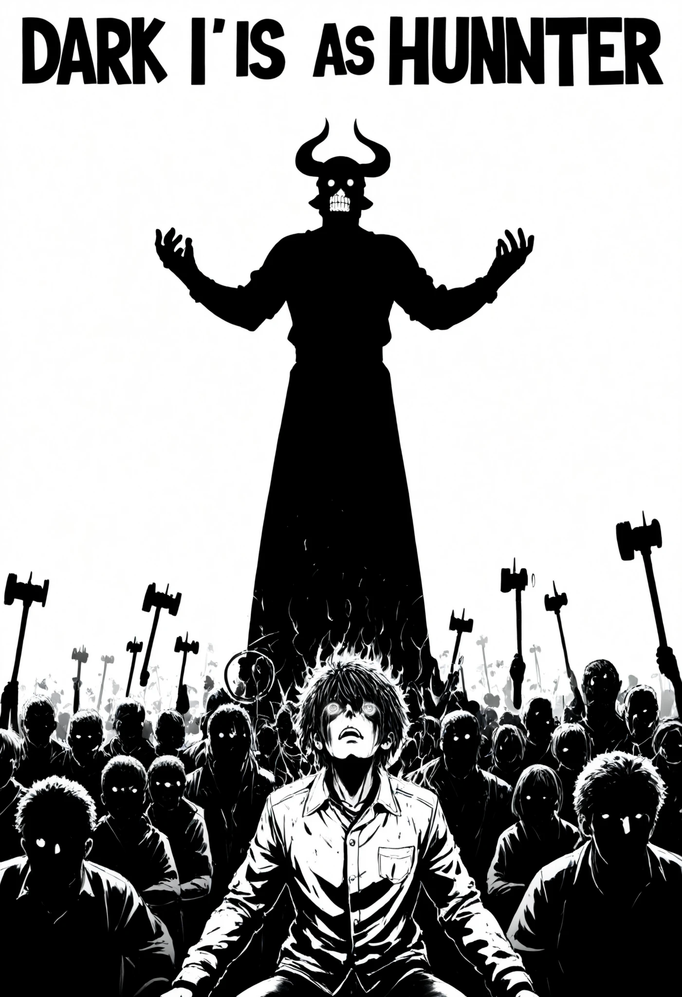 The image is composed in white with a high contrast,Black Silhouette Art,(bright white background), cartoon drawing, The central figure of a hunter —dark, imposing and armed with a lowered sword,looking up— it stands out against a white background surrounded by raised hands in negative contrast to the background, peasant weapons and tools such as sickles, gallows , hammers and picks,the hunter is being confronted and hunted, His silhouette has white details on the background, with bright empty or illuminated eyes, loss of humanity, an aura of threat . is covered with clothes reminiscent of an outlaw or nomad. Her upright posture, with relaxed arms, helpless,betrayal,resignation,(Counterposed plane with focus on the protagonist and framed from the crowd) visual depth