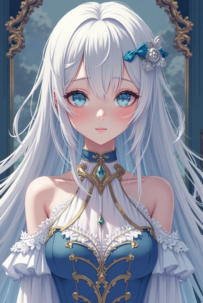 Anime style teenage girl, height of 1.70m, de cabello largo beautiful, elegant, well-groomed and combed silver-colored hair, with long straight bangs, delicate face, beautiful, fino y elegant, with a cold and serious look, sharp-eyed, finos y elegants de color arcoiris (the seven colors in each eye), with long eyelashes, Thin neck, with white and smooth skin, Red lips, with straight posture, fina y elegant, She is wearing a royal dress worthy of, elegant, fine light blue, Marking and showing her big breasts, with a thin waist and big hips.