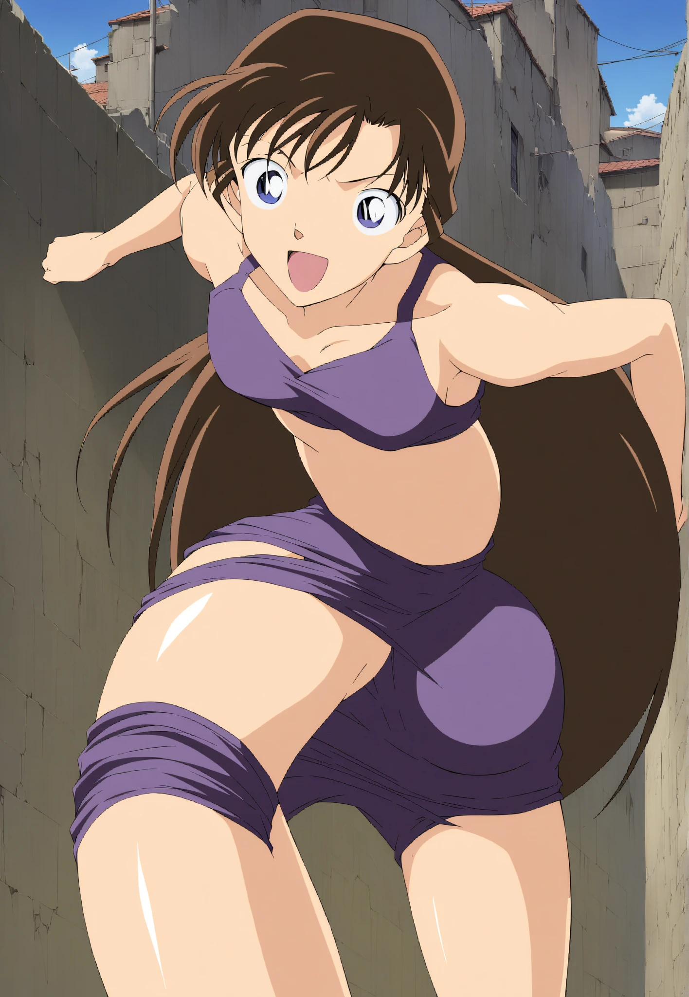 masterpiece, best quality, highres, 1girl, solo, superhero, leotard, blue and white leotard, bare legs, brown hair, short hair, brown eyes, hairband, medium hair, ribbon, boots, matching boots, blue boots, medium breasts, cowboy shot, standing, smile, city backdrop, haruhi suzumiya, kyoani haruhi style, sleeveless,
