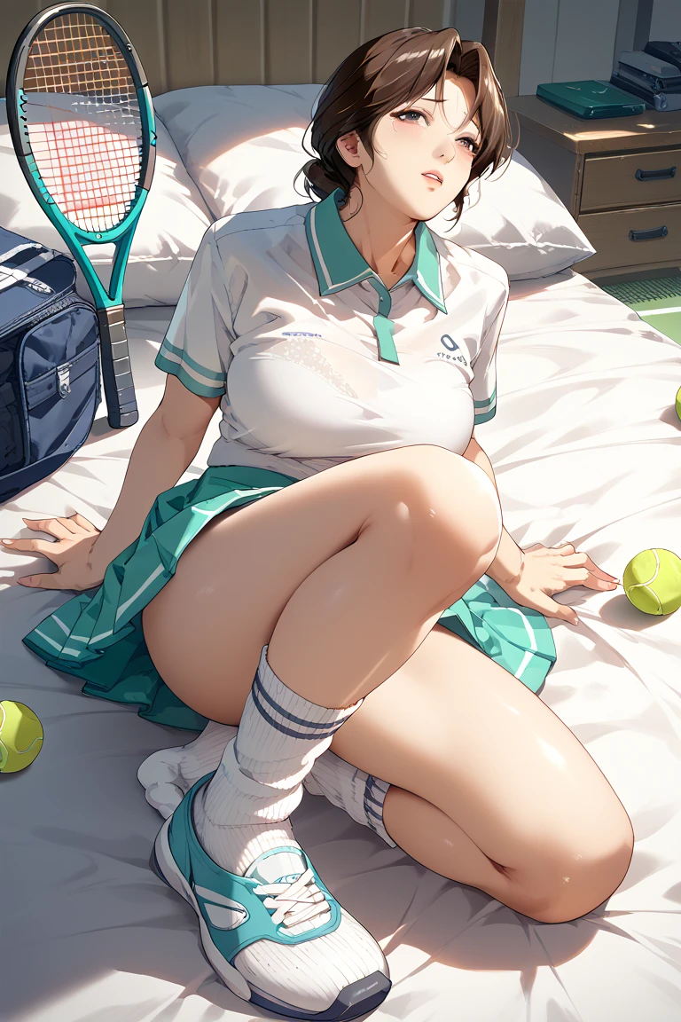 absurd, masterpiece, best quality, realistic, hyper-detailed, (shiny skin, sweaty:1.4), slender, looking at viewer, 1girl, solo, tennis wear, white polo shirt, white sneakers, white miniskirt, short hair, platinum blonde hair, green eyes, (thick thighs:0.5), dynamic lighting, high resolution, sharp focus, depth of field, detailed eyes, sharp pupils, realistic pupils, small breasts