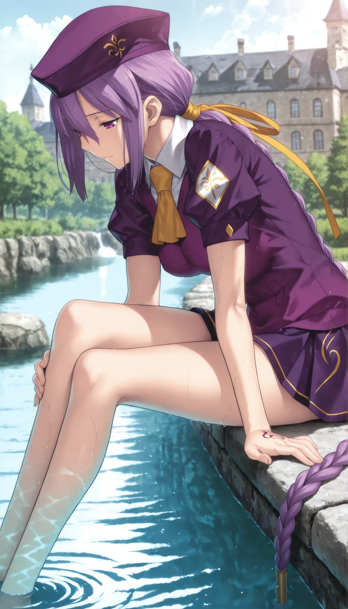 masterpiece, , absurdres, highres, detailed background, high resolution, masterpiece, necessary, detail, best quality, quality, necessary, details, High details, Precise, dark, outdoors, (mansion, ,river), lens flare, blurry background, (in water) ,from side,
1girl, Takeuchi Takashi (type-moon,tsukihime) style, takeuchi takashi style,, (aged up:1.5) ,((very long legs, slim legs)),sitting ,((leaning forward)),
girl, (slender body, slim arms, slim bod), (Sion) Eltnum (Atlasia) ,sion eltnam atlasia,(fate), purple hair , purple eyes, half-closed eyes, tsurime, hair between eyes ,long bang, long hair , braided hair , braided ponytail , yellow ribbon , EltnumOutfit ,small breasts, collared undershirt , white undershirt , undershirt ,short sleeve, , dark purple skirt , miniskirt , gold trim ,dark purple beret ,looking down , touching leg,