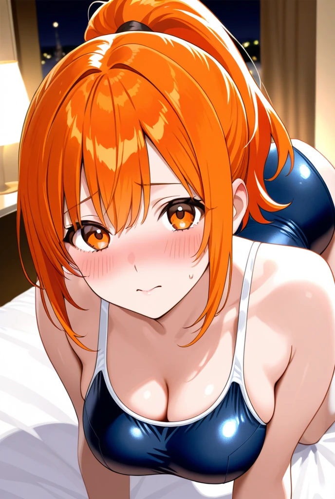 highest quality、Nice sexy body、One Woman、solo、((Beautiful busty woman:1.4))、((Brown haired woman:1.3))、((Woman with ponytail))、long hair woman、Cheerleader、(((A woman wearing an orange short top with a logo:1.3)))、Woman exposing her belly、(((A woman wearing an orange miniskirt)))、(((Woman wearing orange panties)))、baseball Ground、Ground、A big smile、Groundで踊っている